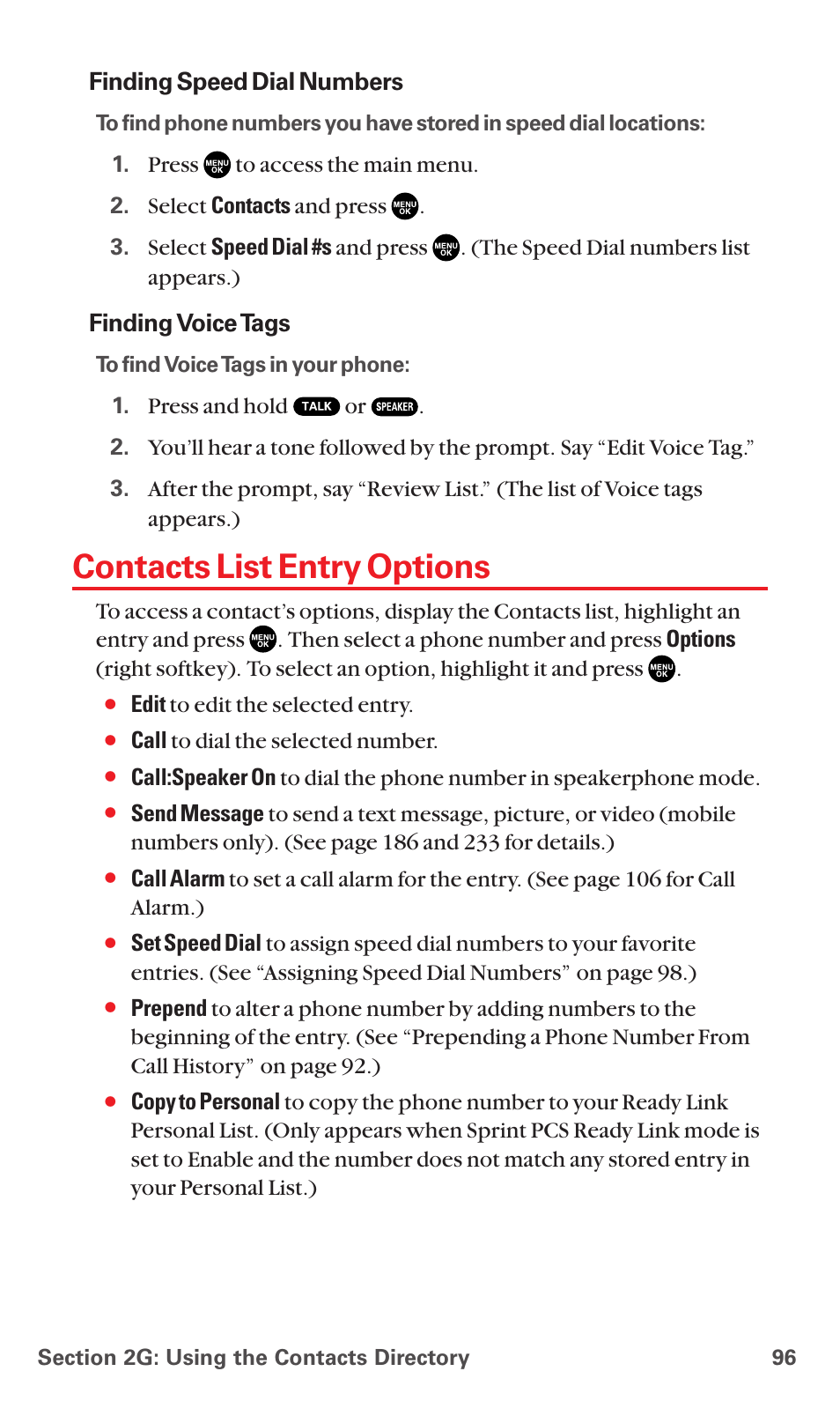 Contacts list entry options | Sanyo MM-7400 User Manual | Page 109 / 326