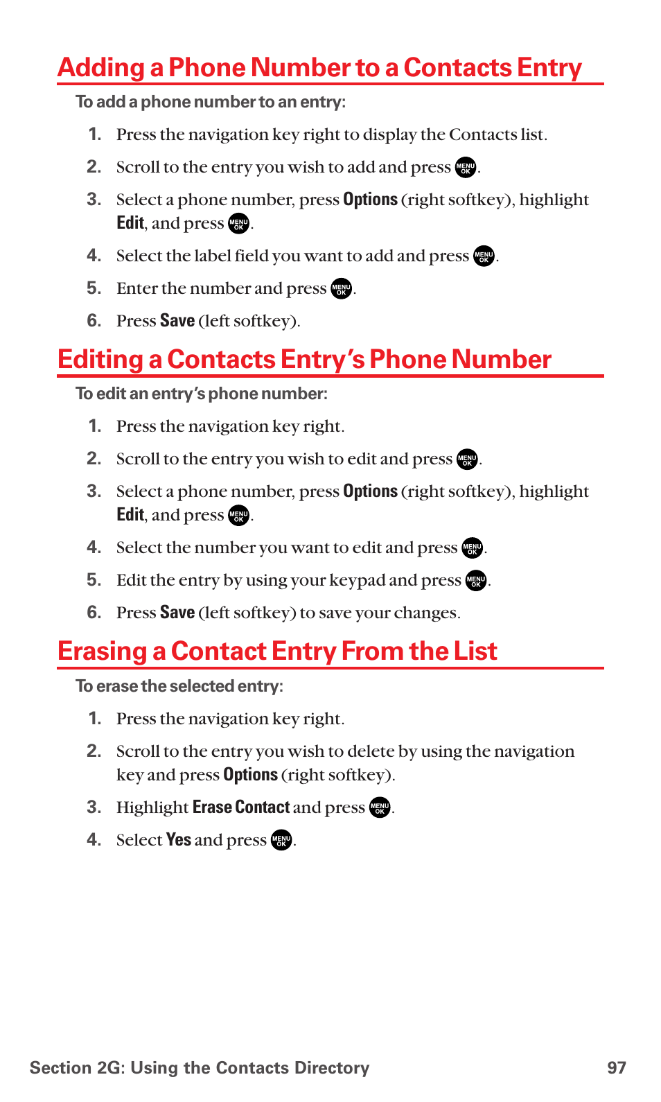 Adding a phone number to a contacts entry, Editing a contacts entry’s phone number, Erasing a contact entry from the list | Sanyo MM-7400 User Manual | Page 110 / 326