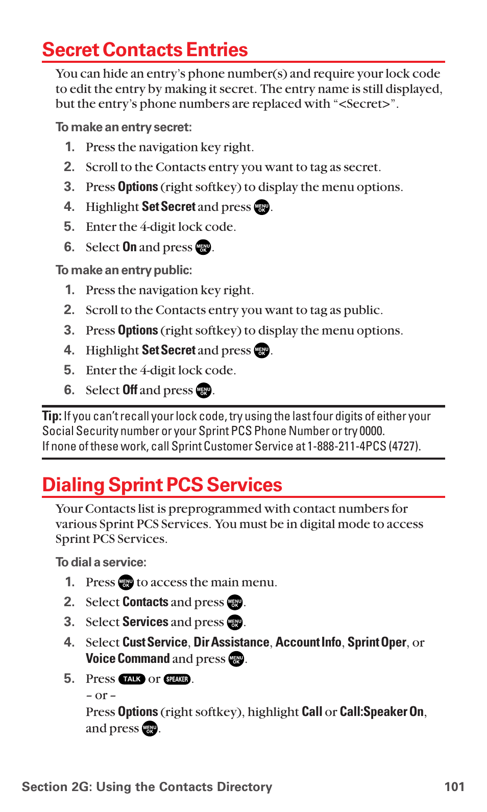 Secret contacts entries, Dialing sprint pcs services | Sanyo MM-7400 User Manual | Page 114 / 326