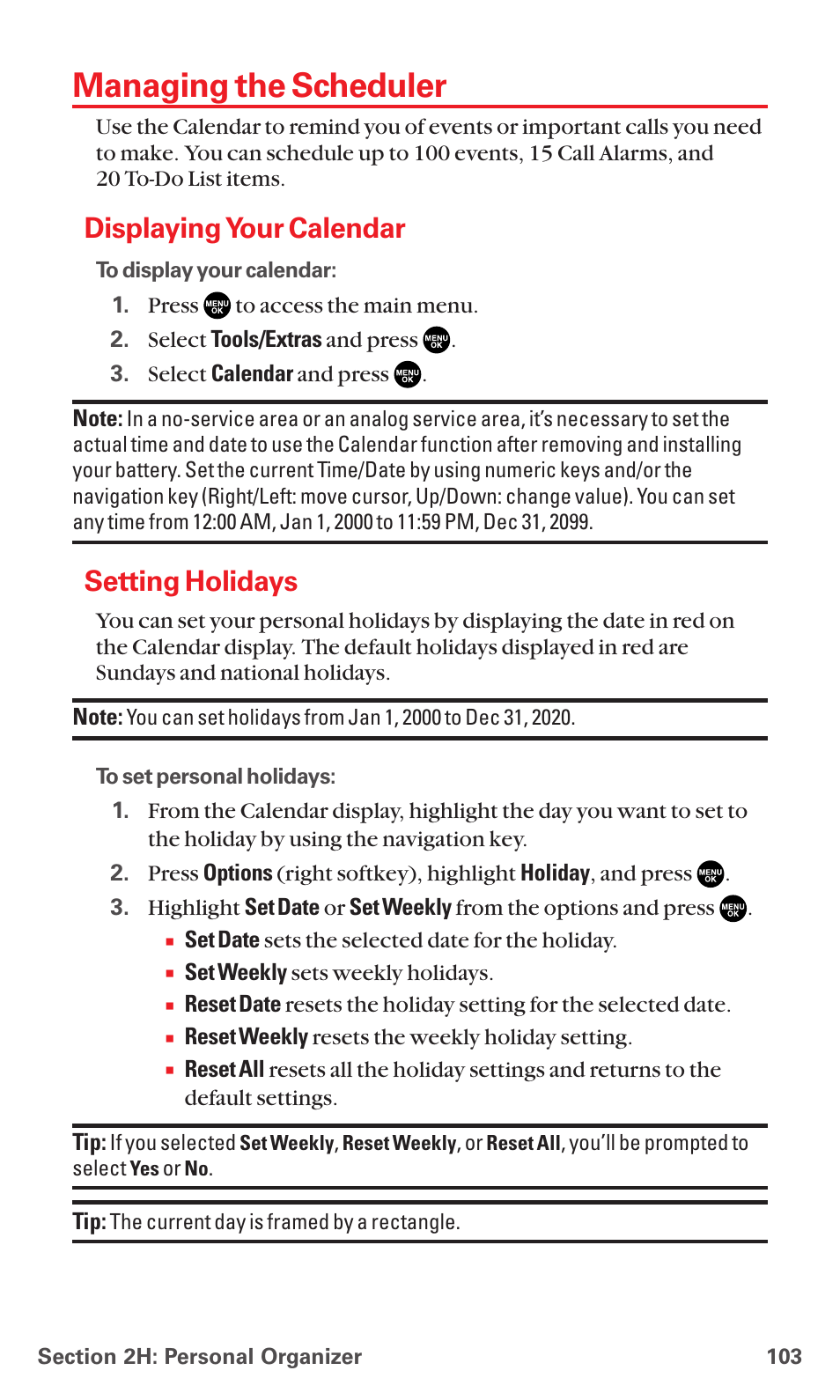 Managing the scheduler, Displaying your calendar, Setting holidays | Sanyo MM-7400 User Manual | Page 116 / 326