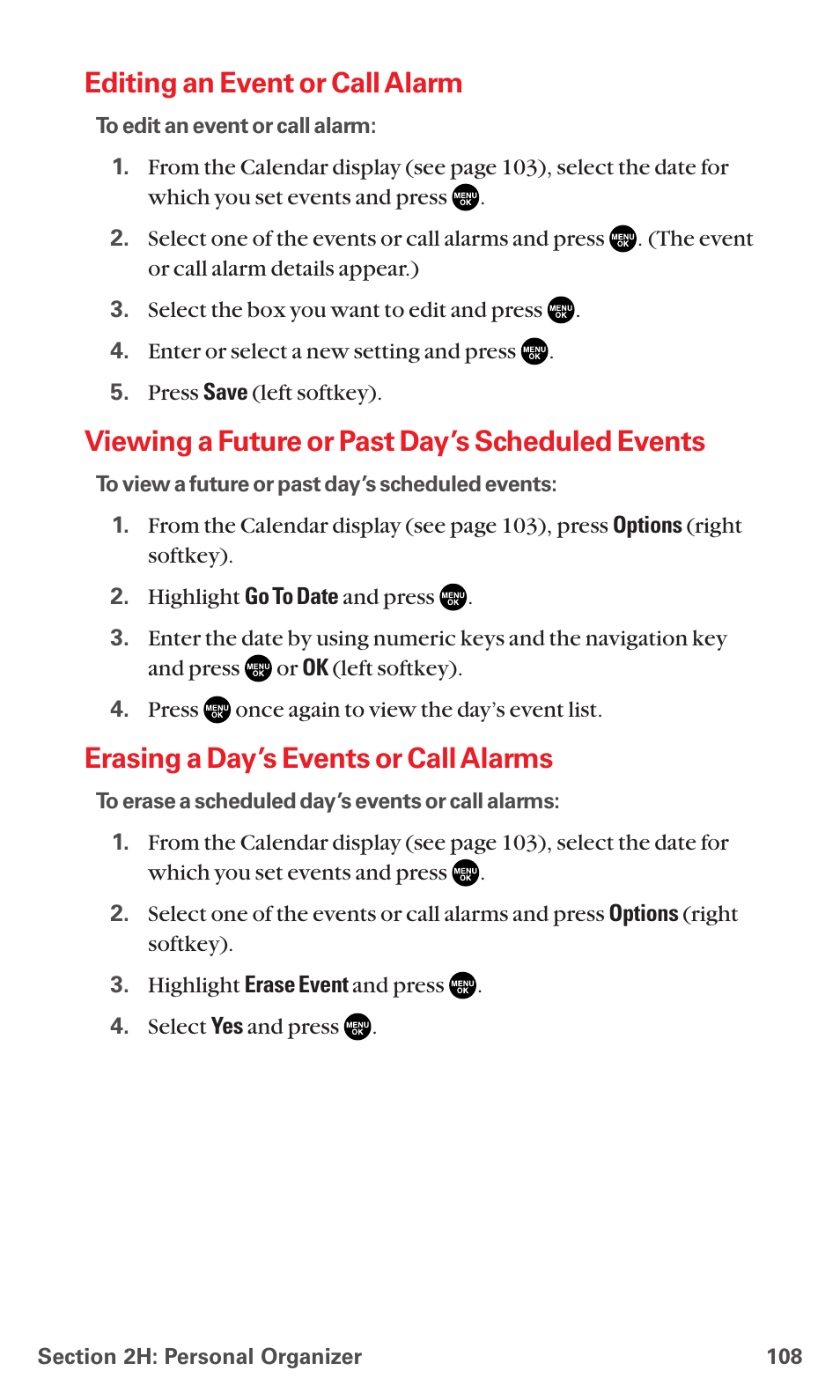 Editing an event or call alarm, Viewing a future or past day’s scheduled events, Erasing a day’s events or call alarms | Sanyo MM-7400 User Manual | Page 121 / 326
