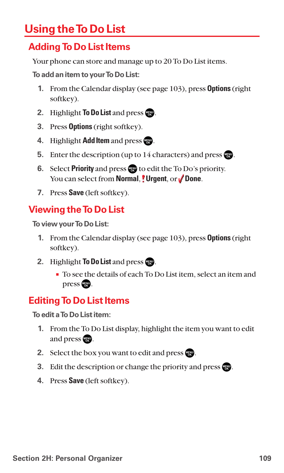 Using the to do list, Adding to do list items, Viewing the to do list | Editing to do list items | Sanyo MM-7400 User Manual | Page 122 / 326