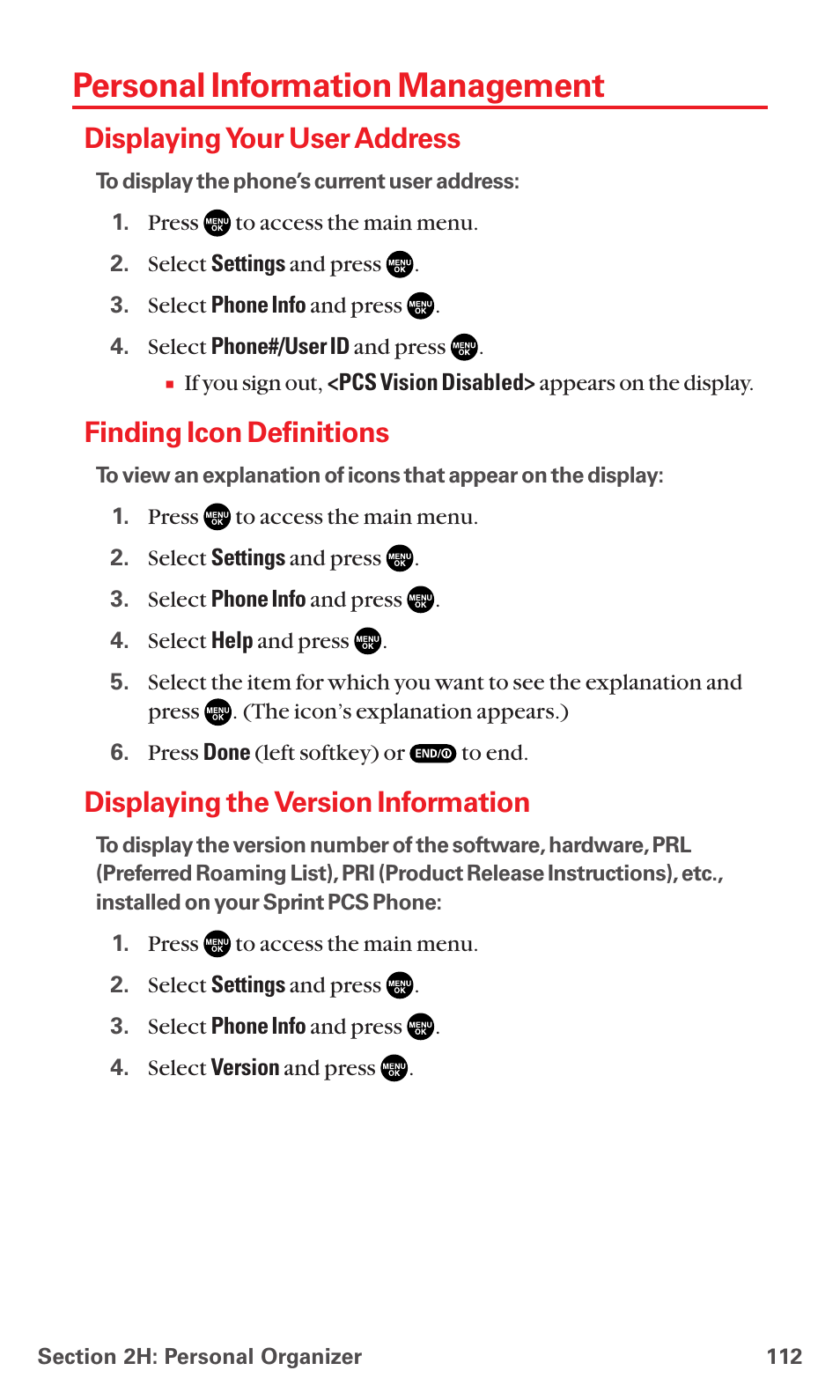 Personal information management, Displaying your user address, Finding icon definitions | Displaying the version information | Sanyo MM-7400 User Manual | Page 125 / 326