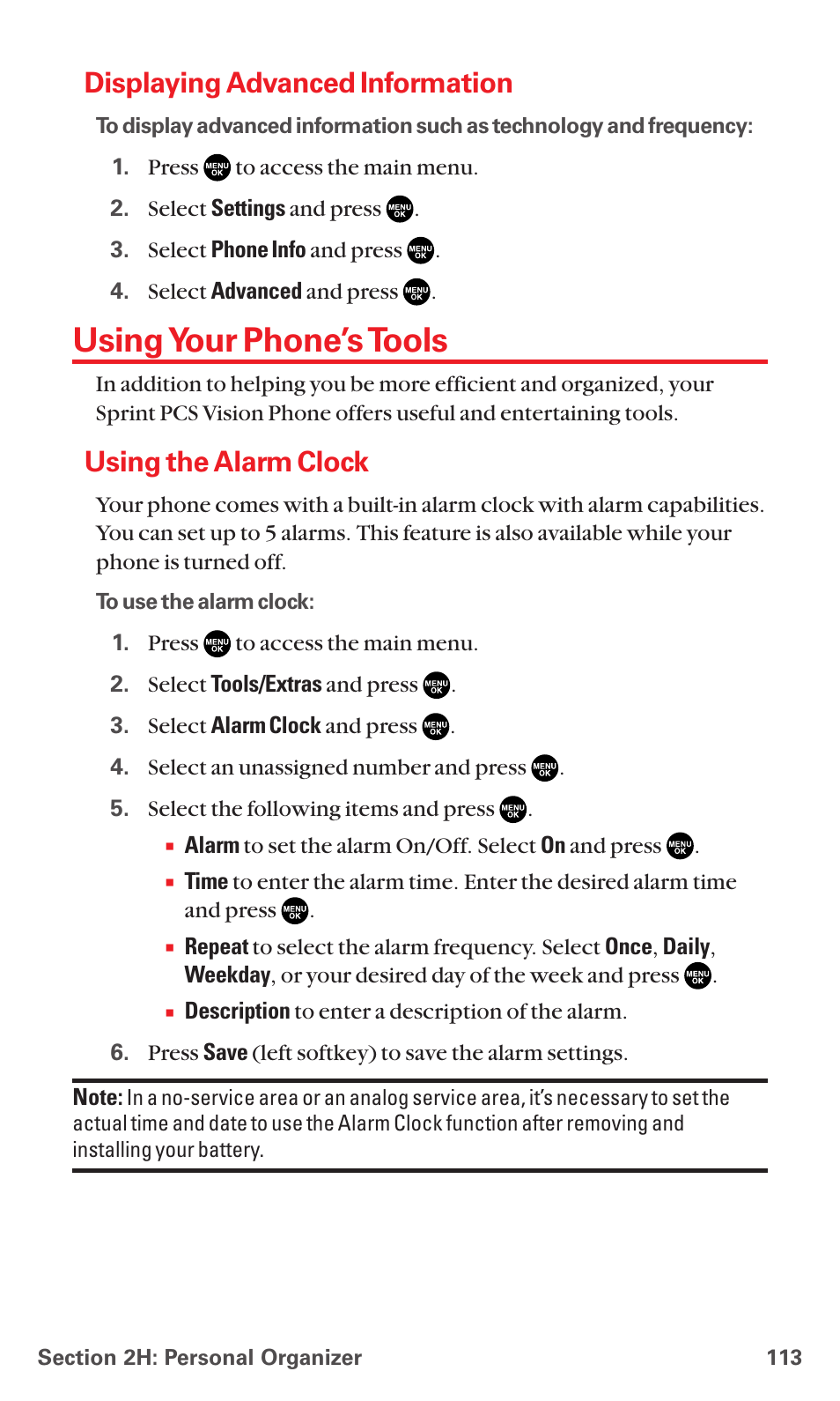 Displaying advanced information, Using your phone’s tools, Using the alarm clock | Sanyo MM-7400 User Manual | Page 126 / 326