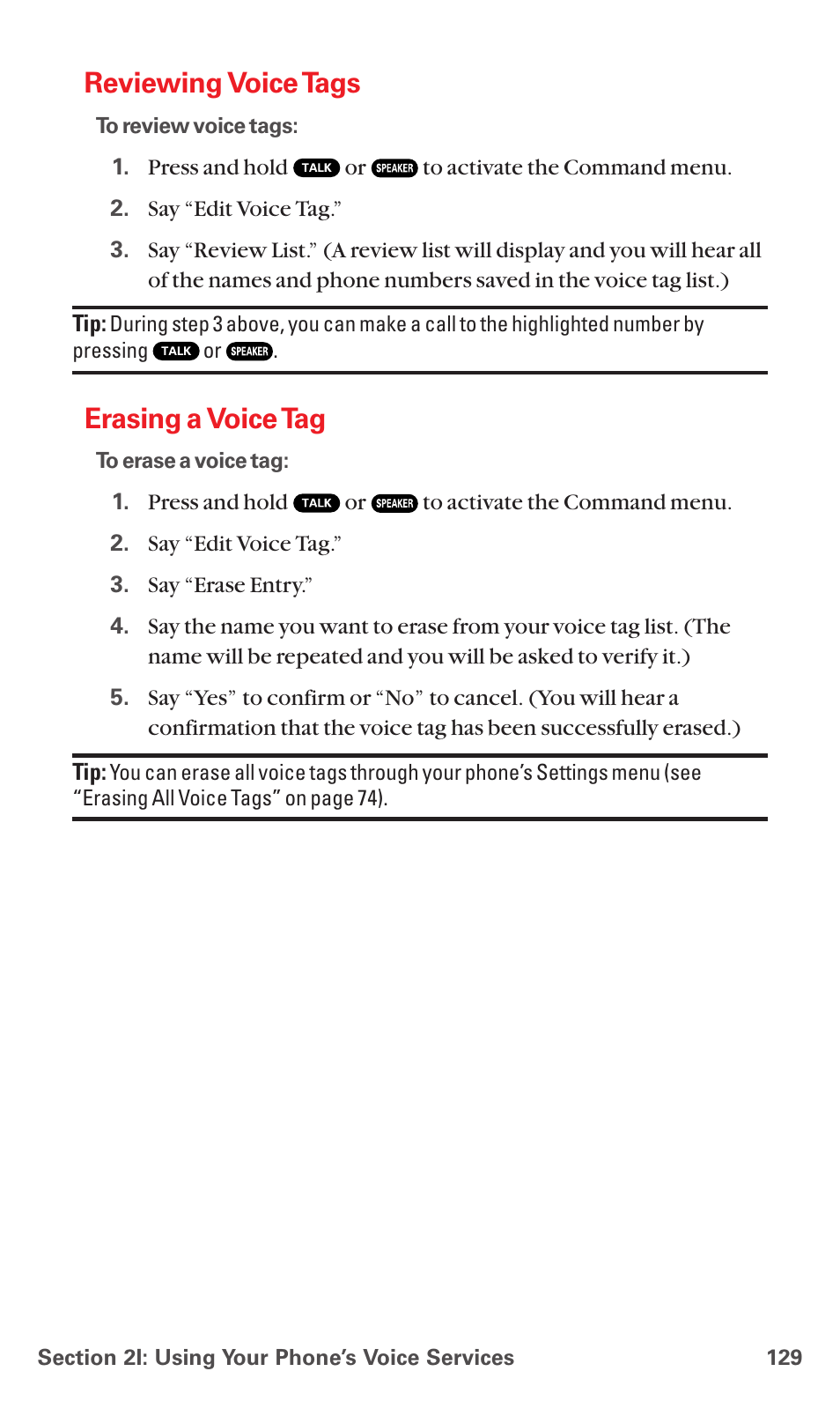 Reviewing voice tags, Erasing a voice tag | Sanyo MM-7400 User Manual | Page 142 / 326