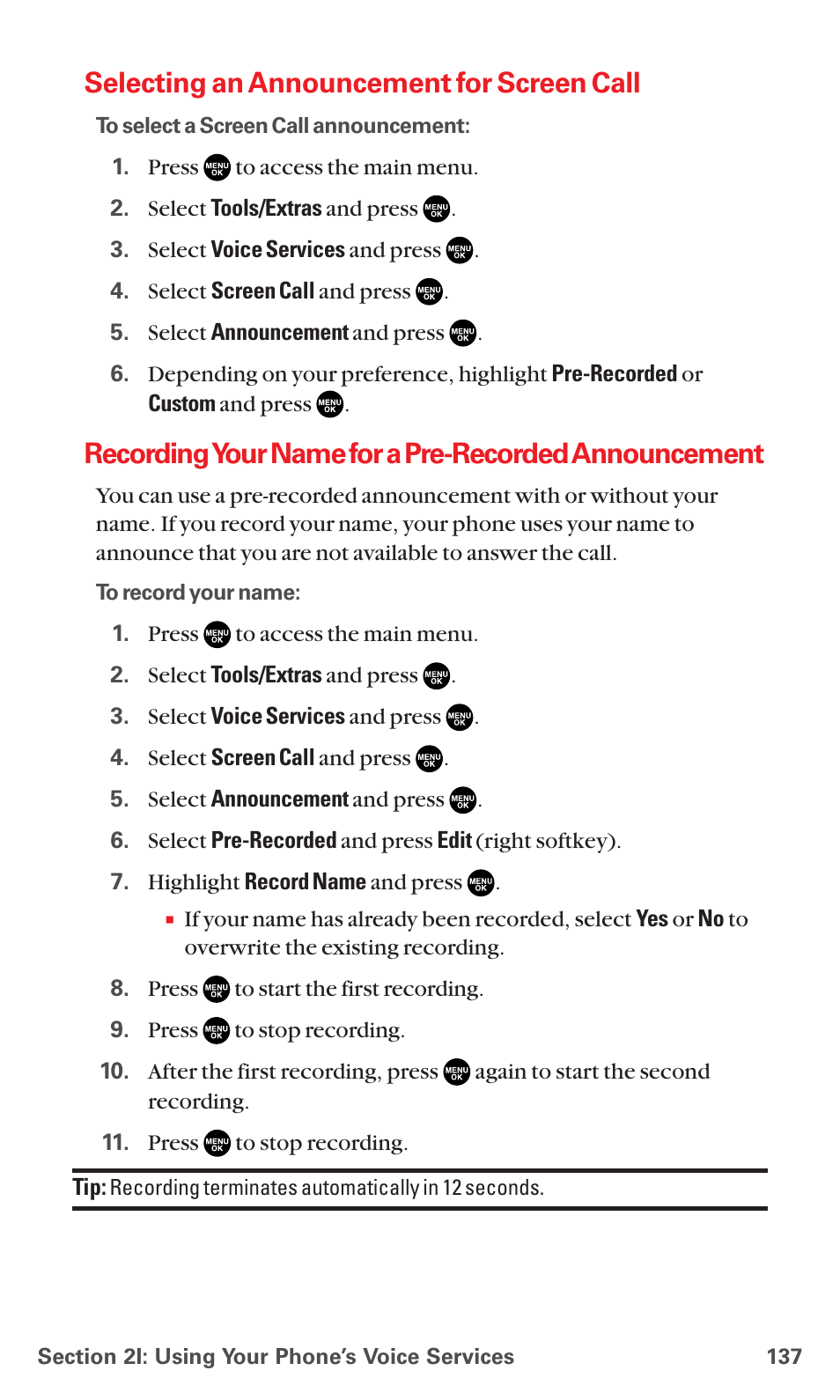 Selecting an announcement for screen call, Recordingyour name for a pre-recorded announcement | Sanyo MM-7400 User Manual | Page 150 / 326
