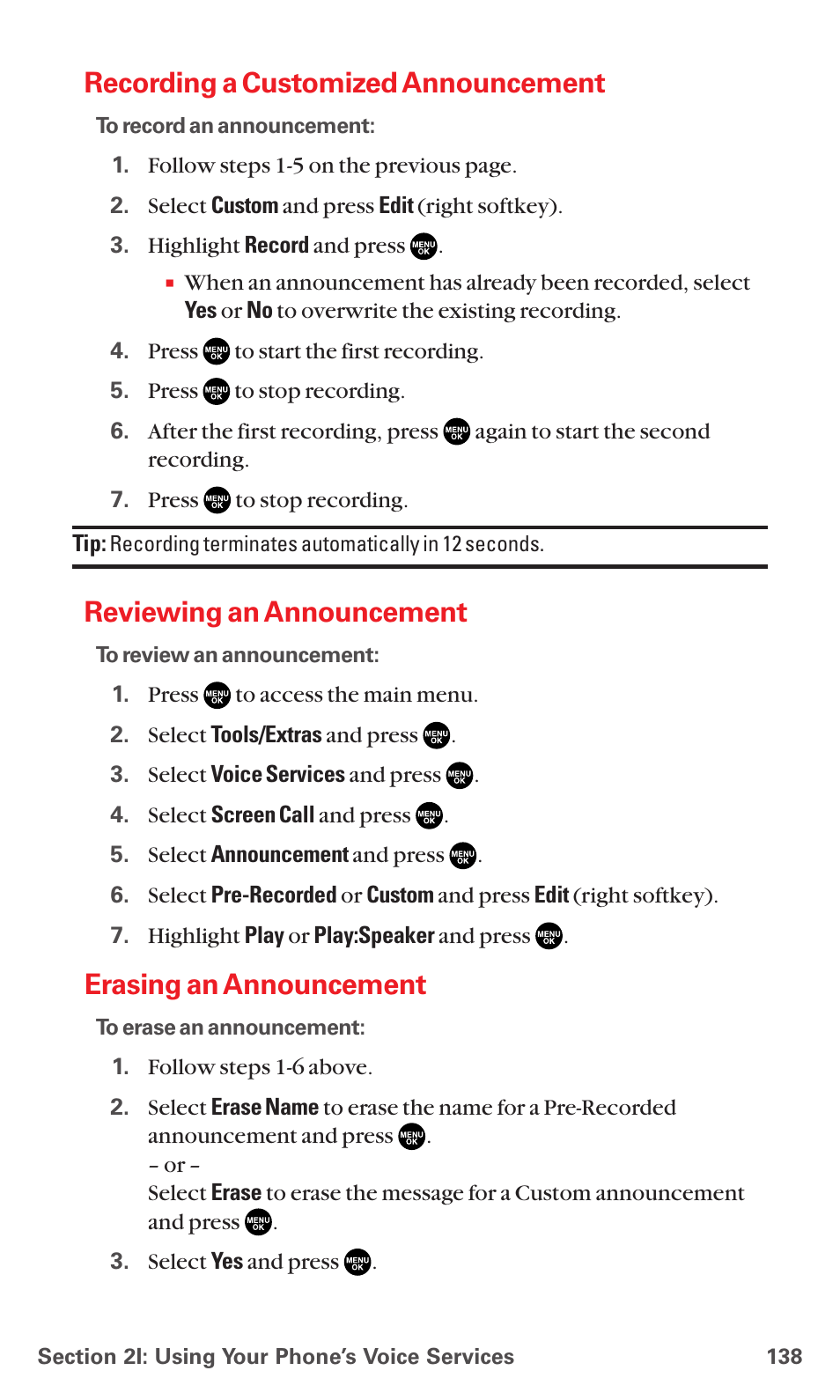 Recording a customized announcement, Reviewing an announcement, Erasing an announcement | Sanyo MM-7400 User Manual | Page 151 / 326