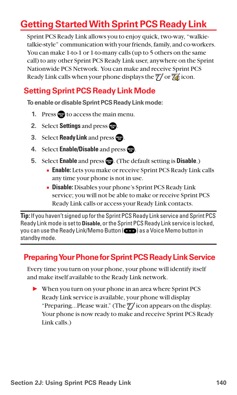 Getting started with sprint pcs ready link, Setting sprint pcs ready link mode | Sanyo MM-7400 User Manual | Page 153 / 326