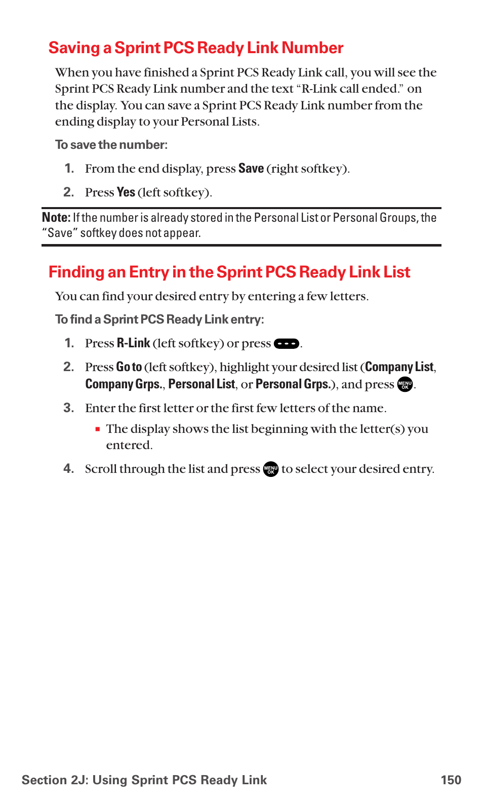 Saving a sprint pcs ready link number, Finding an entry in the sprint pcs ready link list | Sanyo MM-7400 User Manual | Page 163 / 326