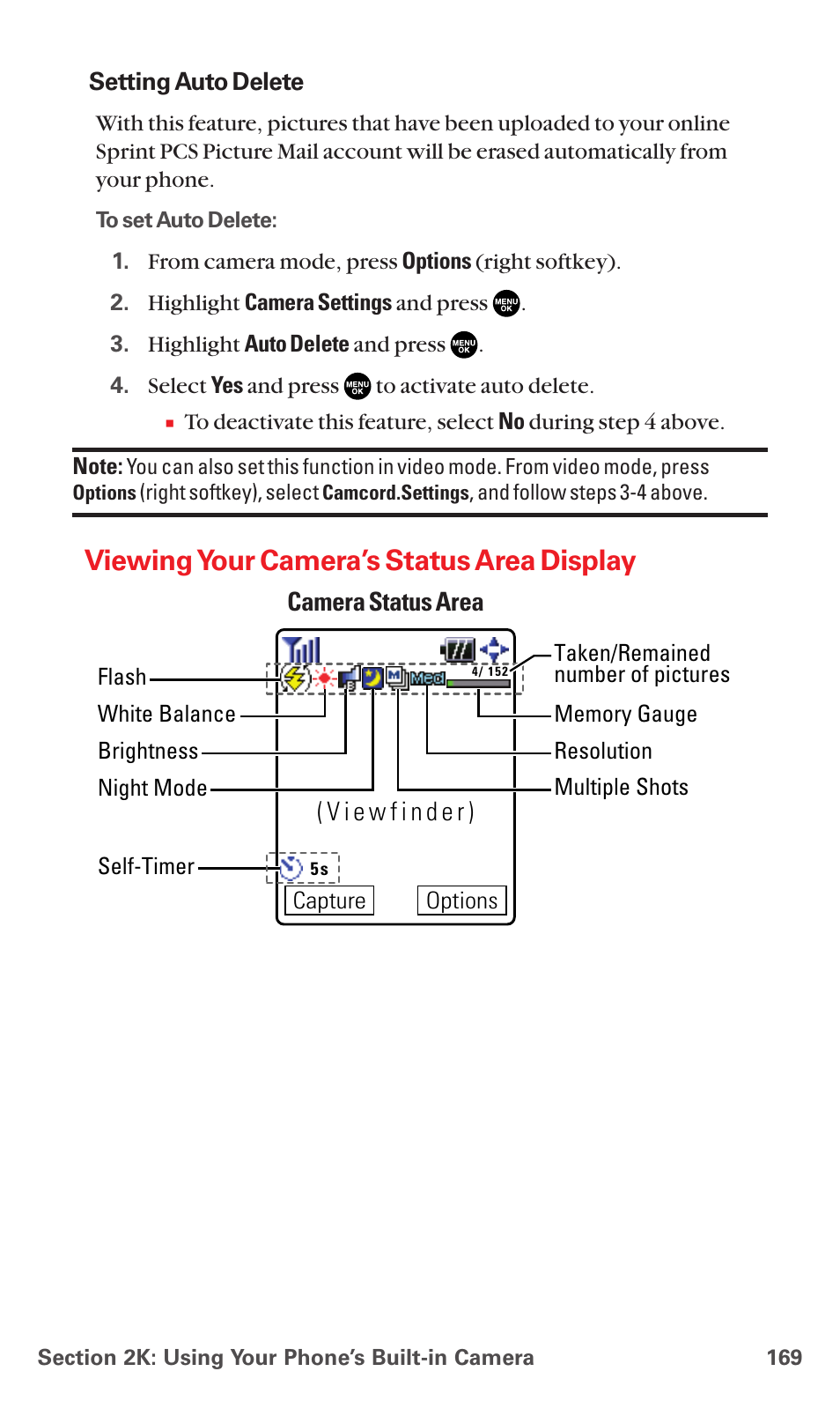 Viewing your camera’s status area display | Sanyo MM-7400 User Manual | Page 182 / 326