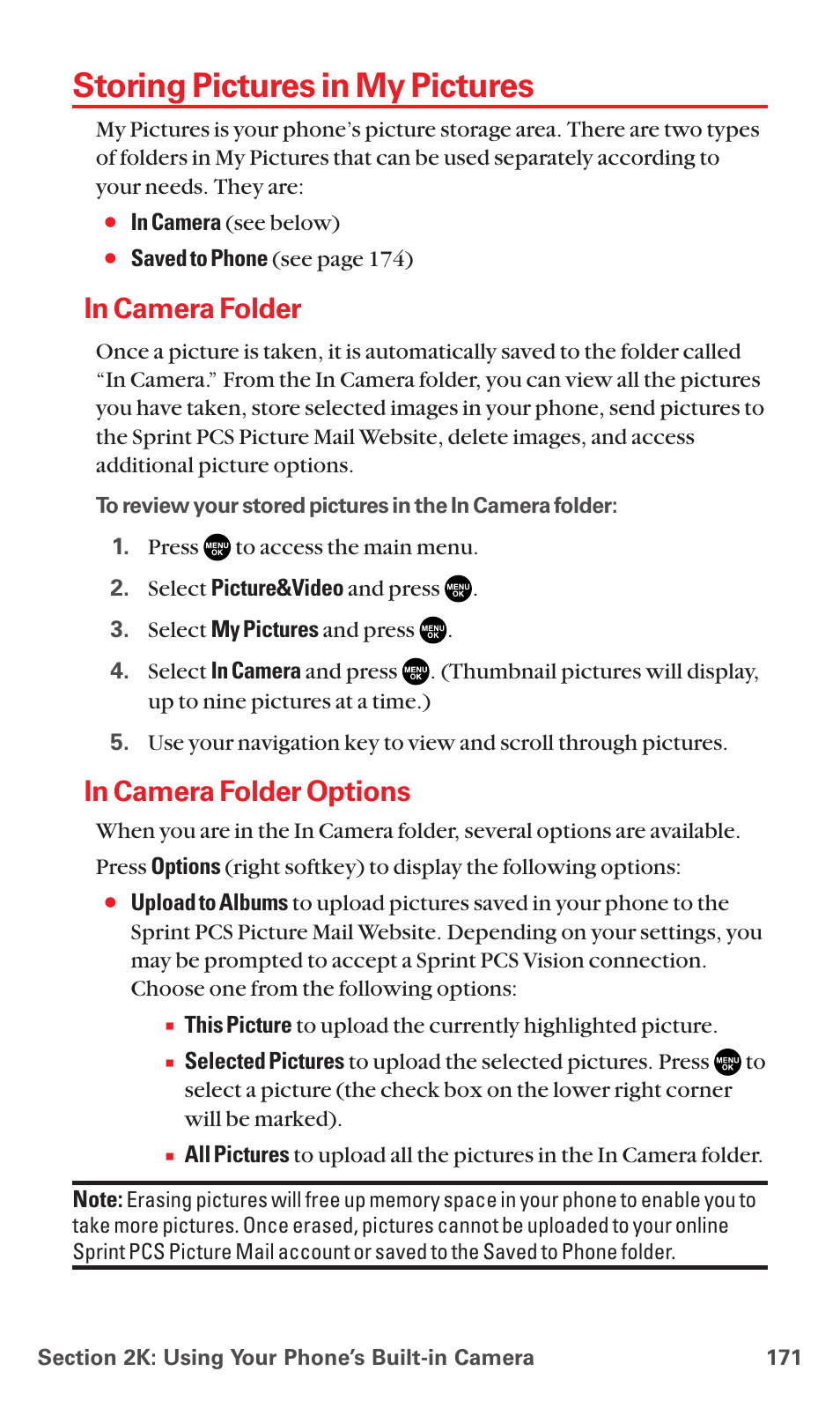 Storing pictures in my pictures, In camera folder, In camera folder options | Sanyo MM-7400 User Manual | Page 184 / 326