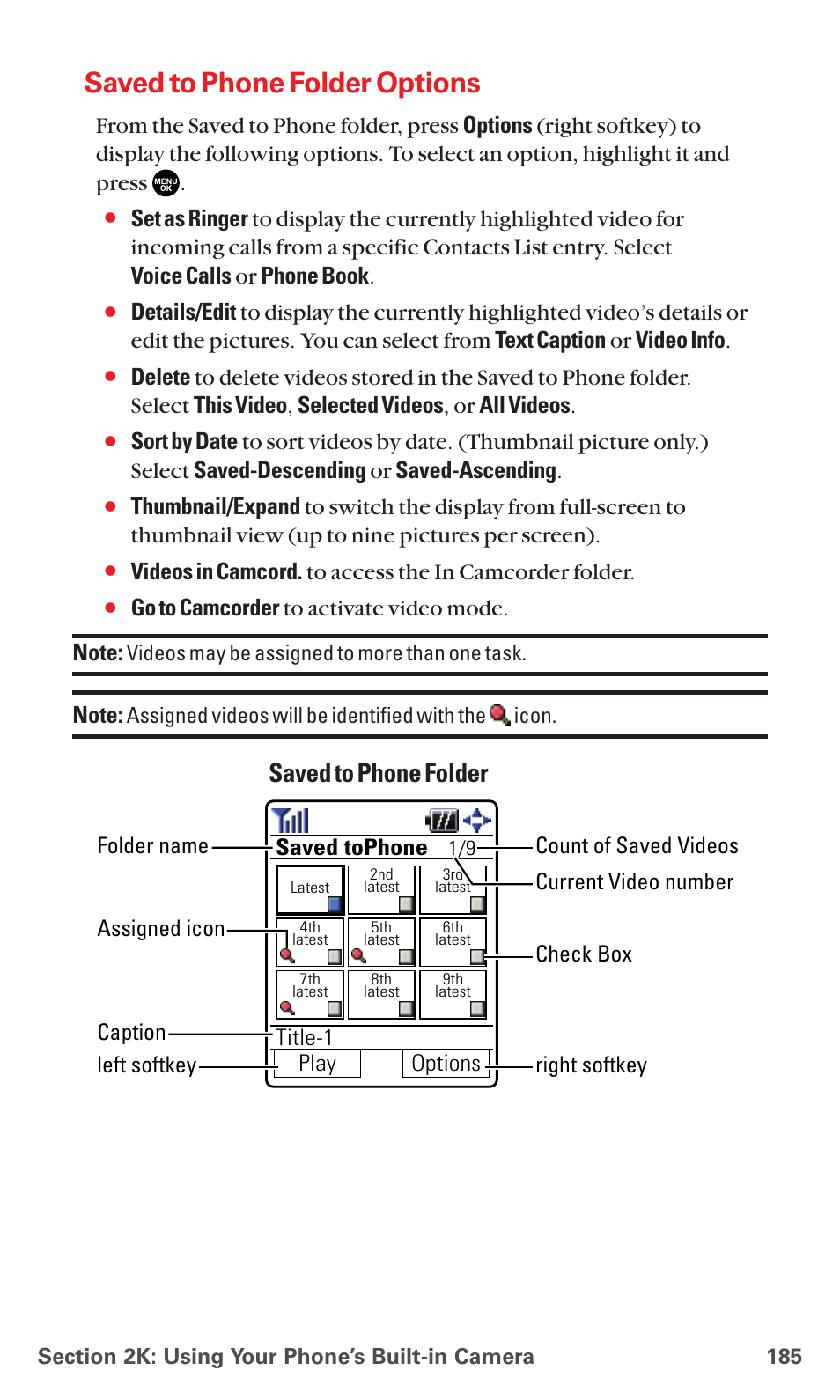 Saved to phone folder options, Saved to phone folder, Videos may be assigned to more than one task | Assigned videos will be identified with the icon, Play options saved tophone, Title-1 | Sanyo MM-7400 User Manual | Page 198 / 326