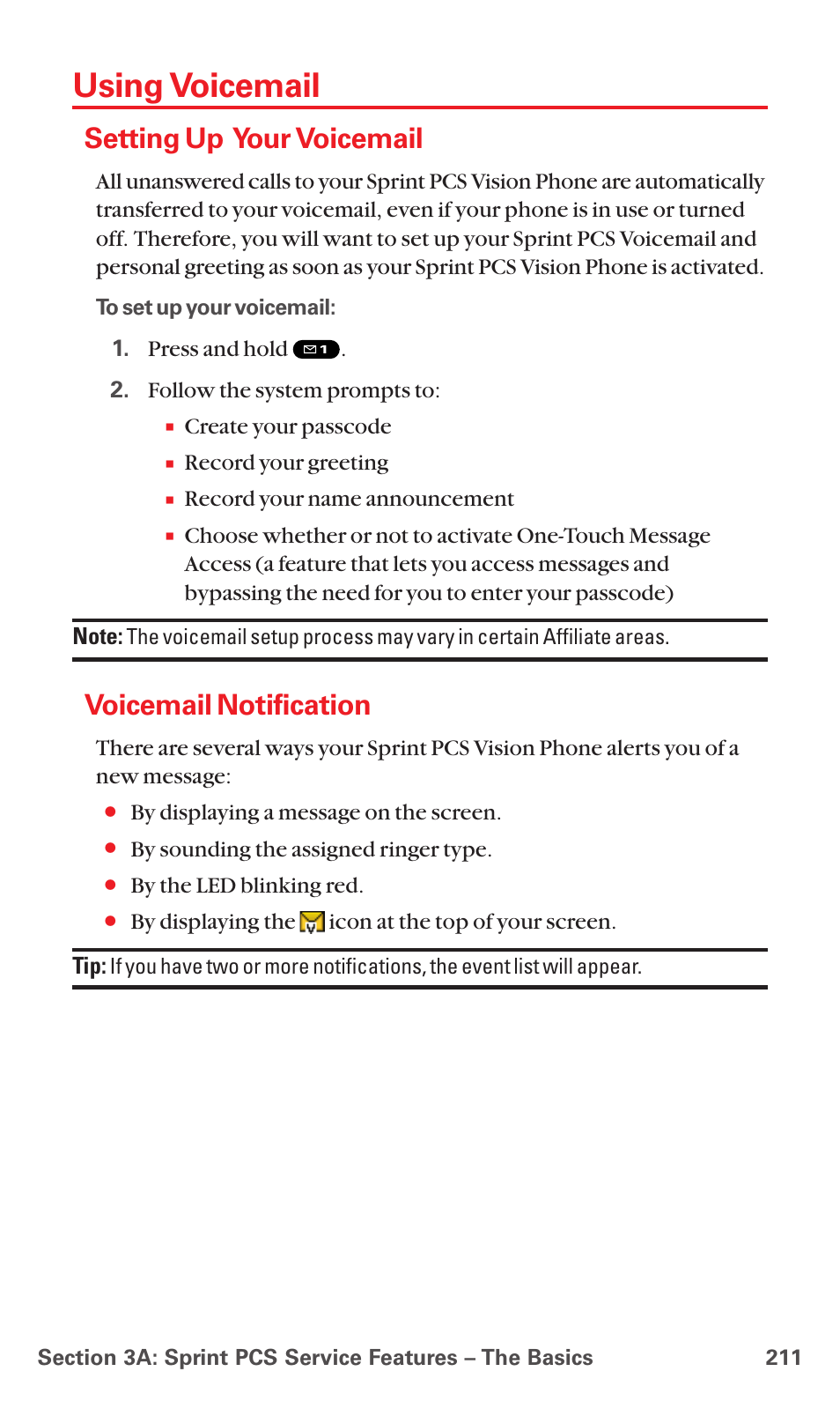 Using voicemail, Setting up your voicemail, Voicemail notification | Sanyo MM-7400 User Manual | Page 224 / 326