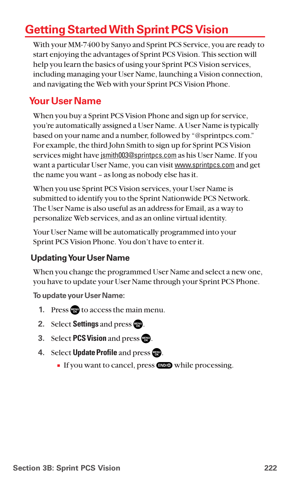 Getting started with sprint pcs vision, Your user name | Sanyo MM-7400 User Manual | Page 235 / 326