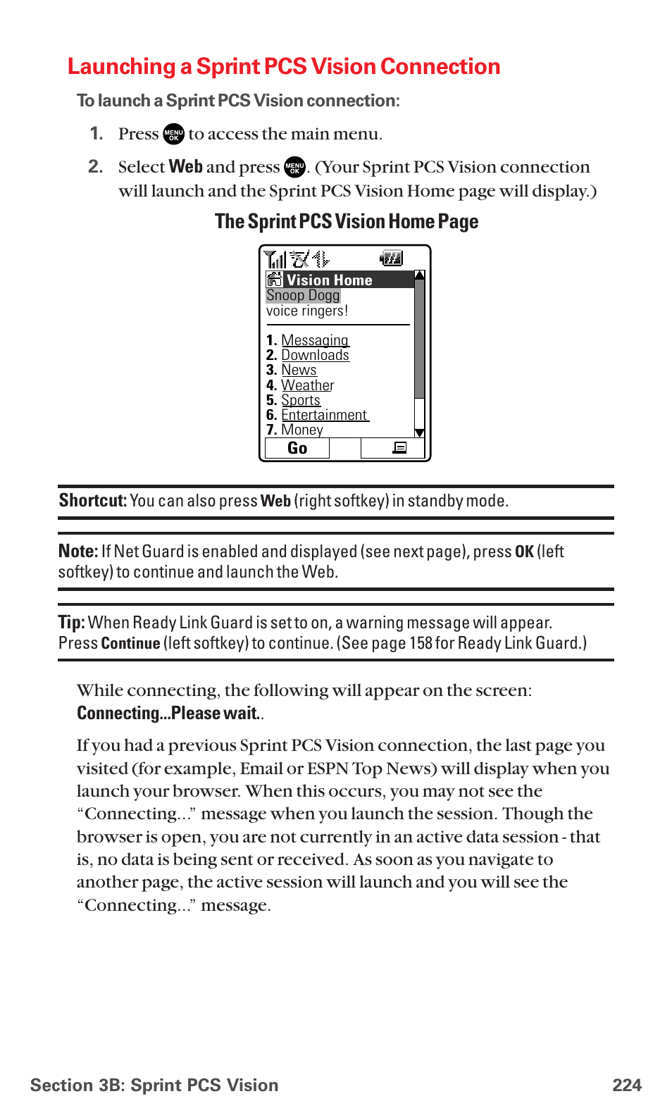 Launching a sprint pcs vision connection, The sprint pcs vision home page | Sanyo MM-7400 User Manual | Page 237 / 326