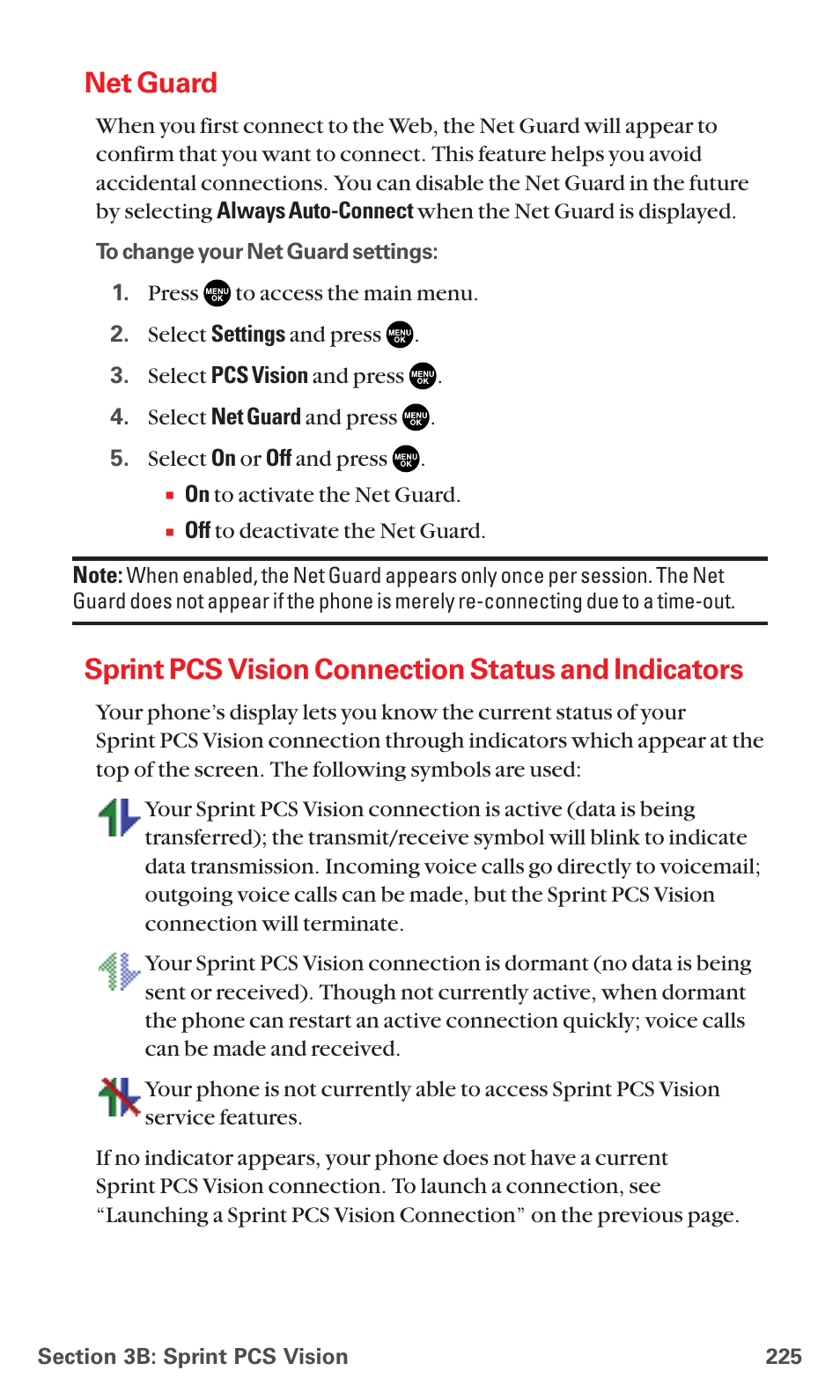 Net guard, Sprint pcs vision connection status and indicators | Sanyo MM-7400 User Manual | Page 238 / 326