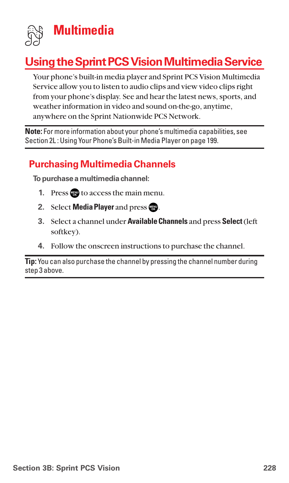 Using the sprint pcs vision multimedia service, Purchasing multimedia channels, Multimedia | Sanyo MM-7400 User Manual | Page 241 / 326