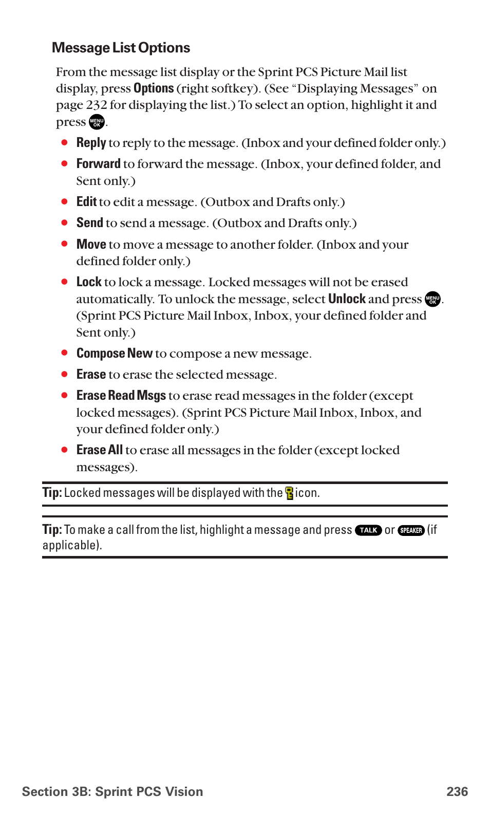 Message list options, Edit to edit a message. (outbox and drafts only.), Send to send a message. (outbox and drafts only.) | Compose new to compose a new message, Erase to erase the selected message | Sanyo MM-7400 User Manual | Page 249 / 326