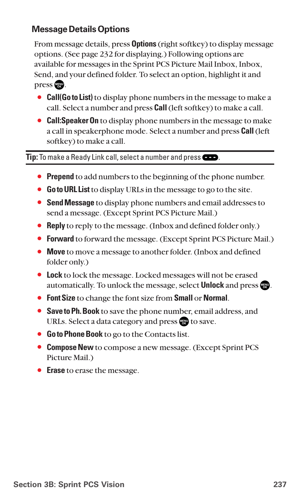 Message details options, Go to phone book to go to the contacts list, Erase to erase the message | Sanyo MM-7400 User Manual | Page 250 / 326