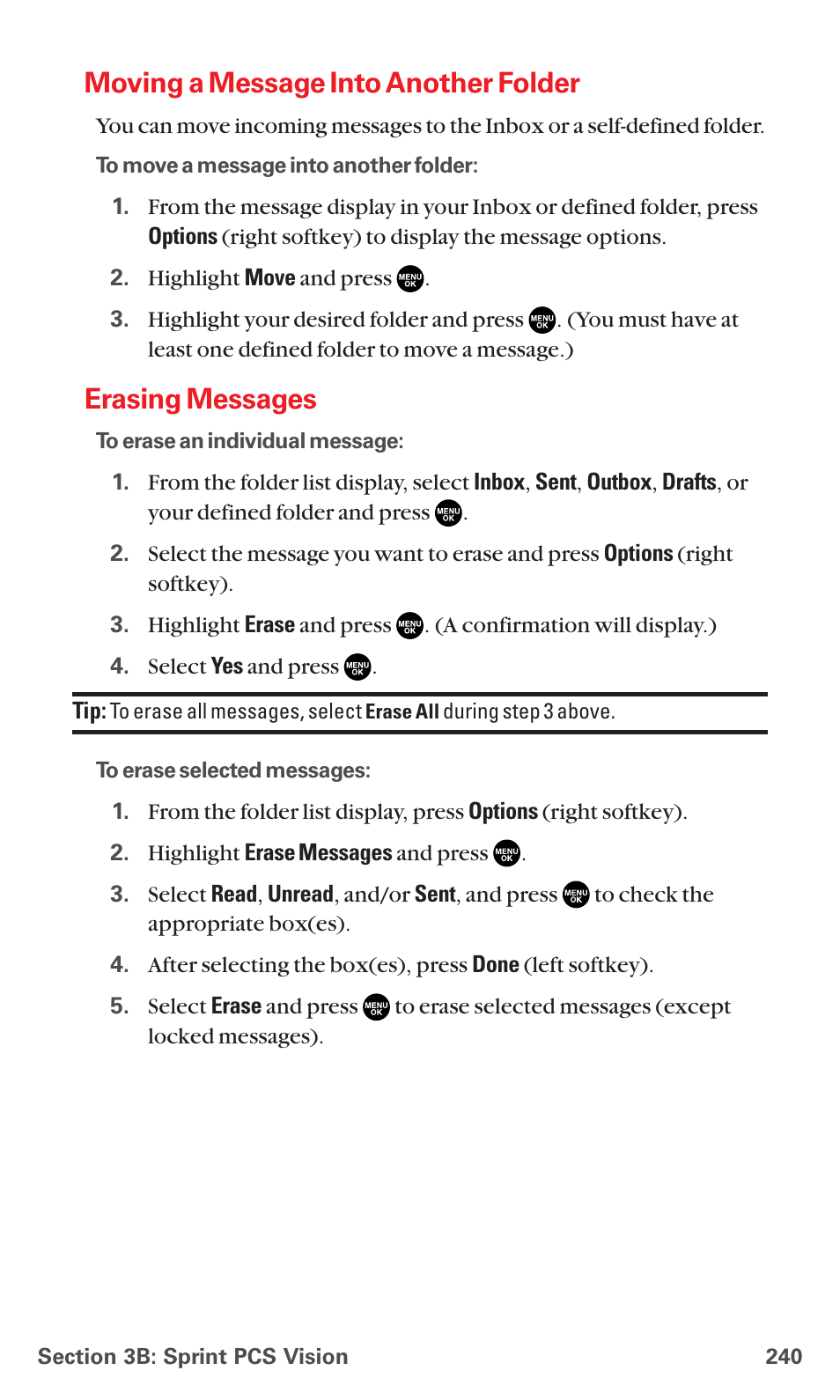 Moving a message into another folder, Erasing messages | Sanyo MM-7400 User Manual | Page 253 / 326