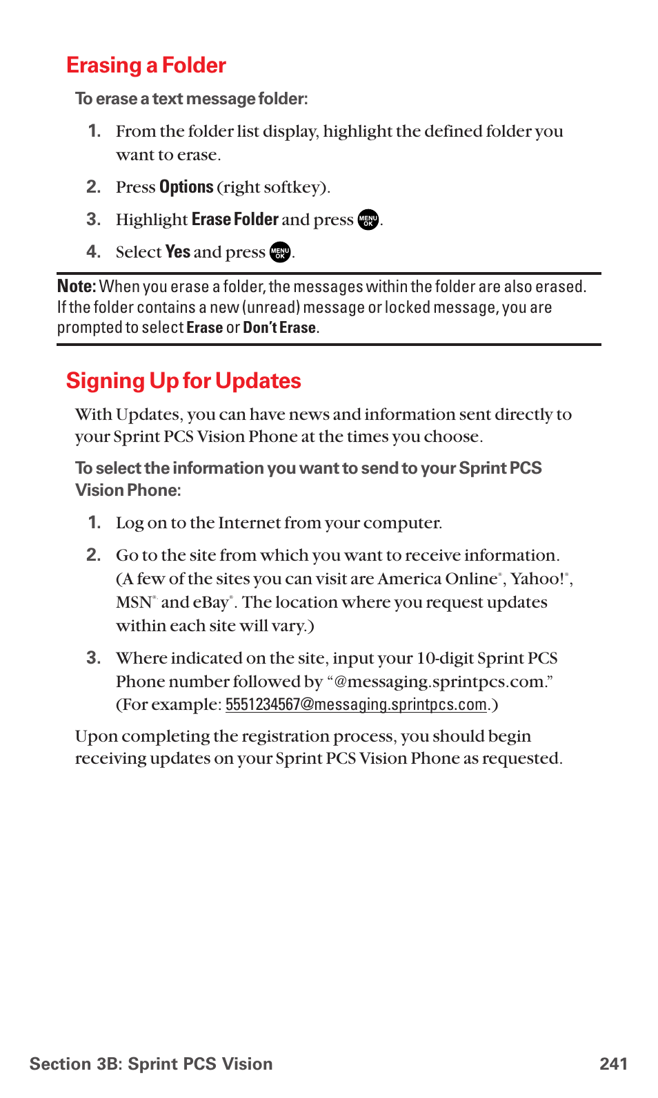 Erasing a folder, Signing up for updates | Sanyo MM-7400 User Manual | Page 254 / 326