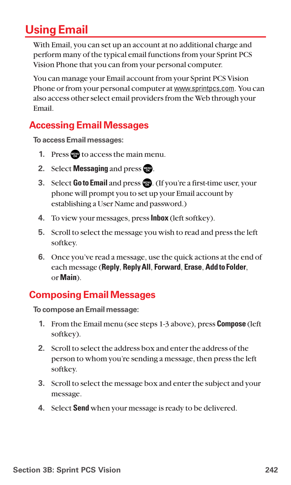 Using email, Accessing email messages, Composing email messages | Sanyo MM-7400 User Manual | Page 255 / 326
