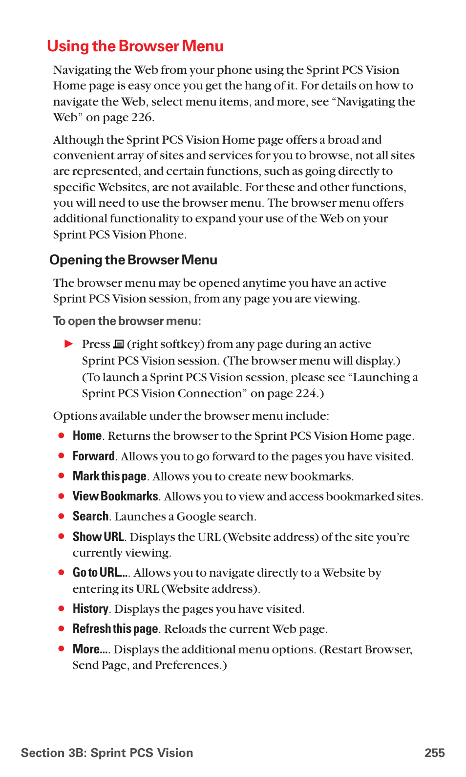Using the browser menu, Opening the browser menu, Search . launches a google search | History . displays the pages you have visited, Refresh this page . reloads the current web page | Sanyo MM-7400 User Manual | Page 268 / 326