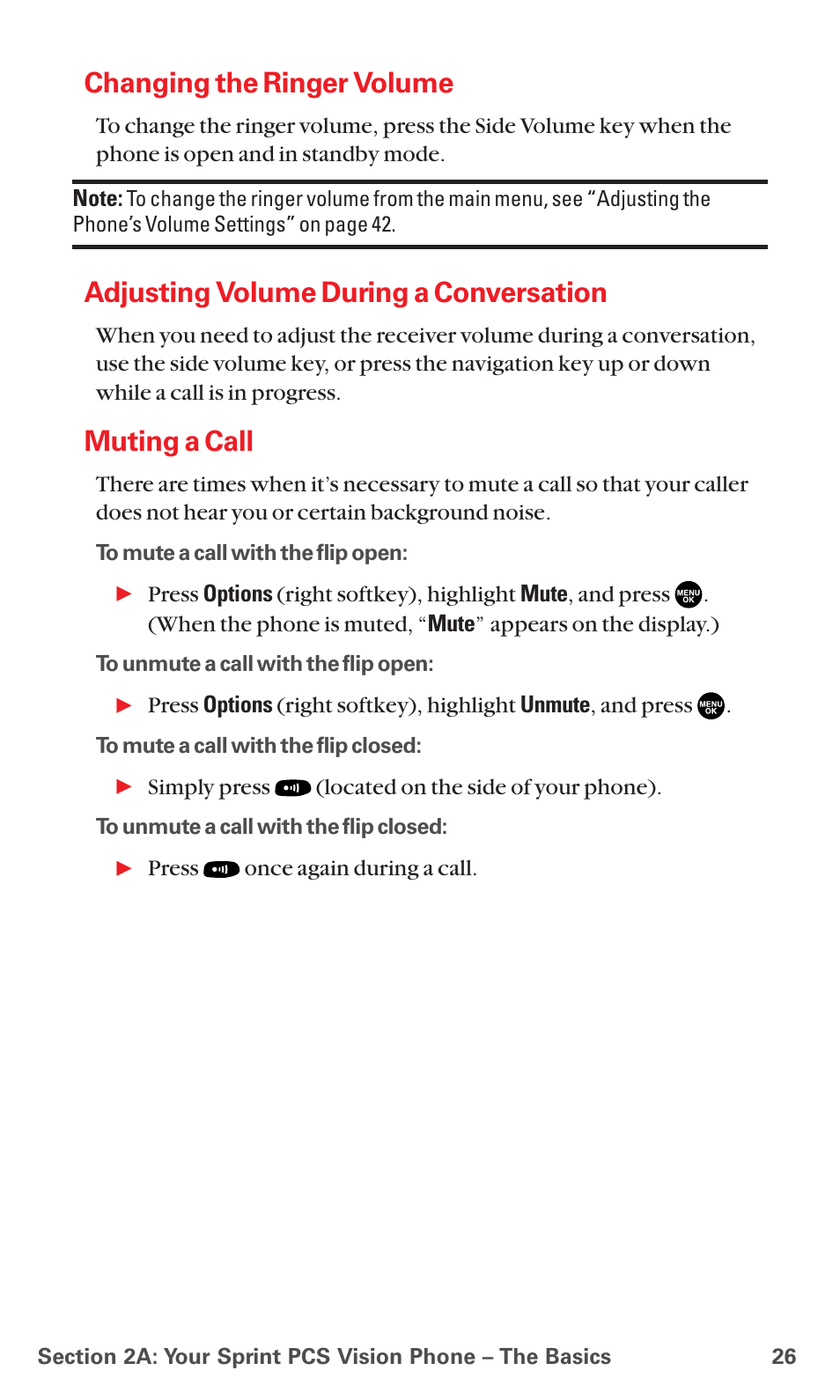 Changing the ringer volume, Adjusting volume during a conversation, Muting a call | Sanyo MM-7400 User Manual | Page 39 / 326