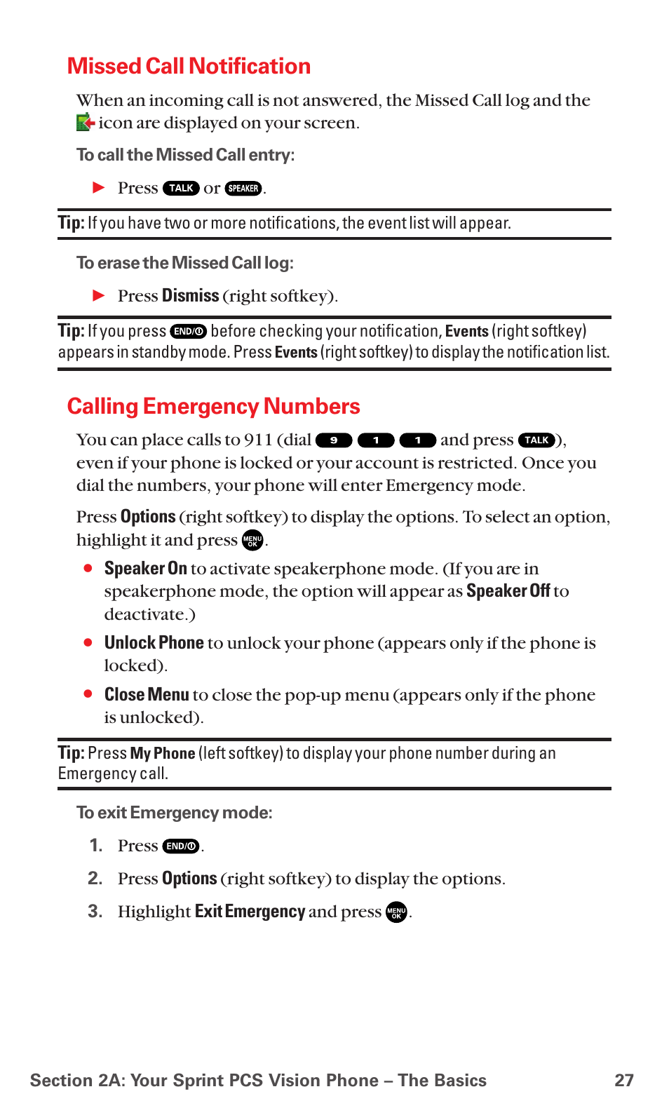 Missed call notification, Calling emergency numbers | Sanyo MM-7400 User Manual | Page 40 / 326