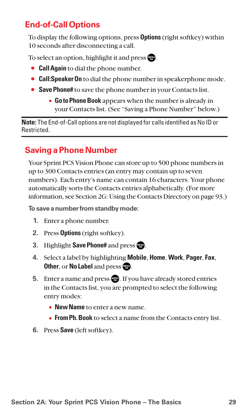End-of-call options, Saving a phone number | Sanyo MM-7400 User Manual | Page 42 / 326