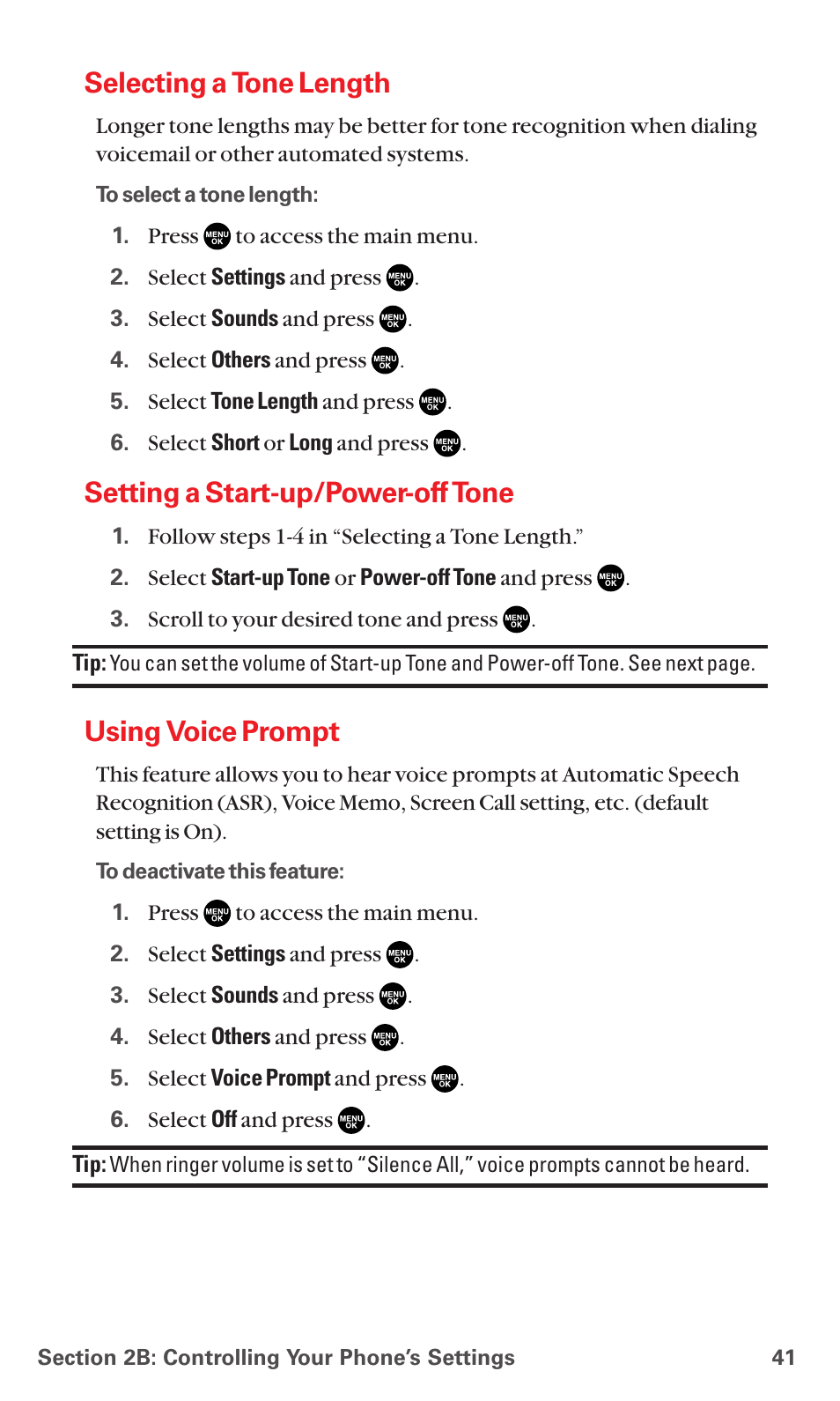 Selecting a tone length, Setting a start-up/power-off tone, Using voice prompt | Sanyo MM-7400 User Manual | Page 54 / 326