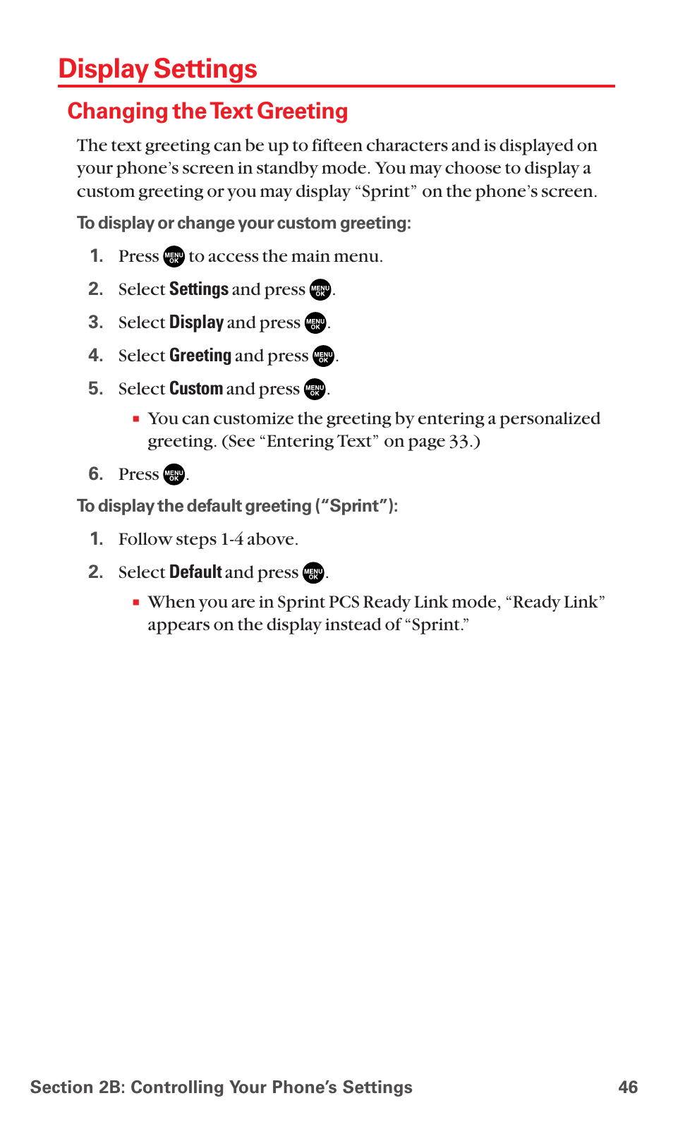 Display settings, Changing the text greeting | Sanyo MM-7400 User Manual | Page 59 / 326
