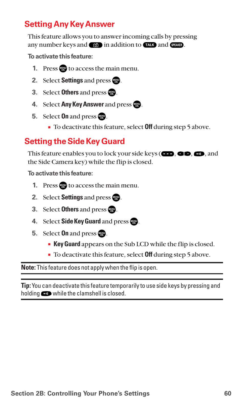 Setting any key answer, Setting the side key guard | Sanyo MM-7400 User Manual | Page 73 / 326