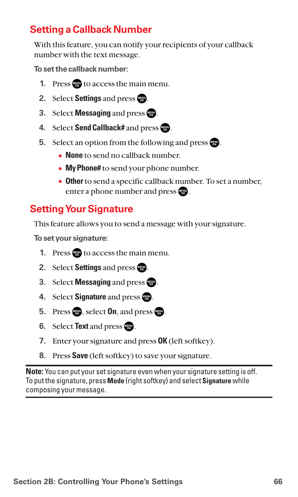 Setting a callback number, Setting your signature | Sanyo MM-7400 User Manual | Page 79 / 326
