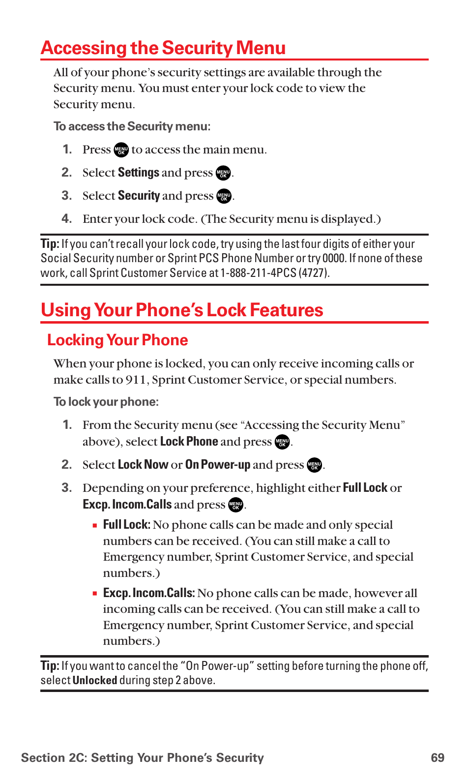 Accessing the security menu, Using your phone’s lock features, Locking your phone | Sanyo MM-7400 User Manual | Page 82 / 326