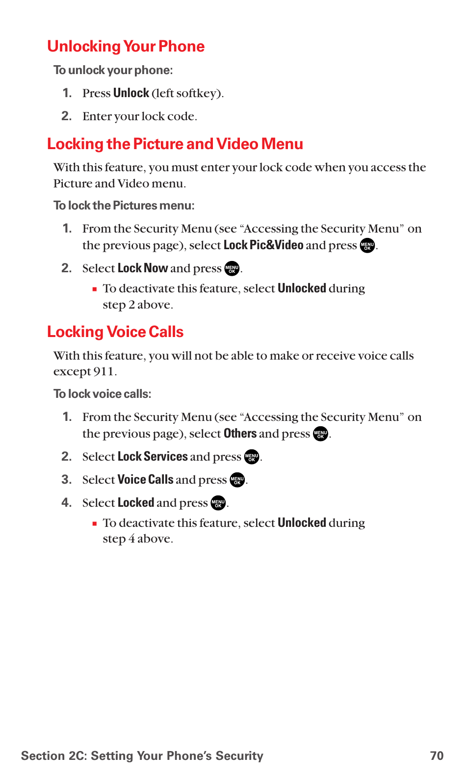 Unlocking your phone, Locking the picture and video menu, Locking voice calls | Sanyo MM-7400 User Manual | Page 83 / 326