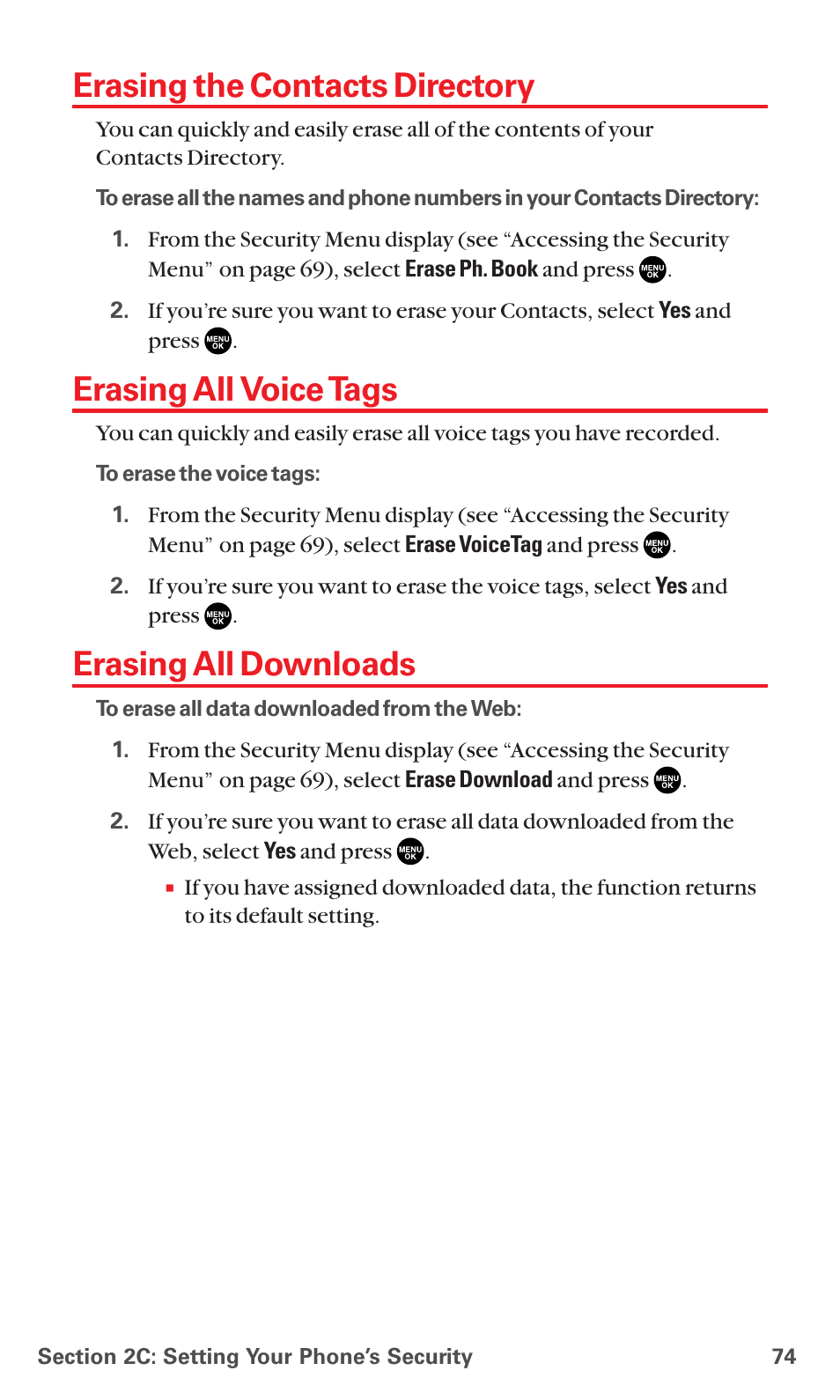 Erasing the contacts directory, Erasing all voice tags, Erasing all downloads | Sanyo MM-7400 User Manual | Page 87 / 326