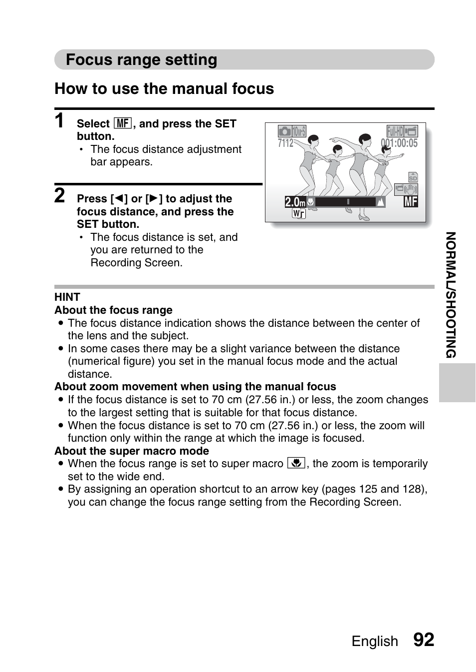 Focus range setting, Focus range setting how to use the manual focus, English | Sanyo XACTI VPC-GH3GX User Manual | Page 101 / 204