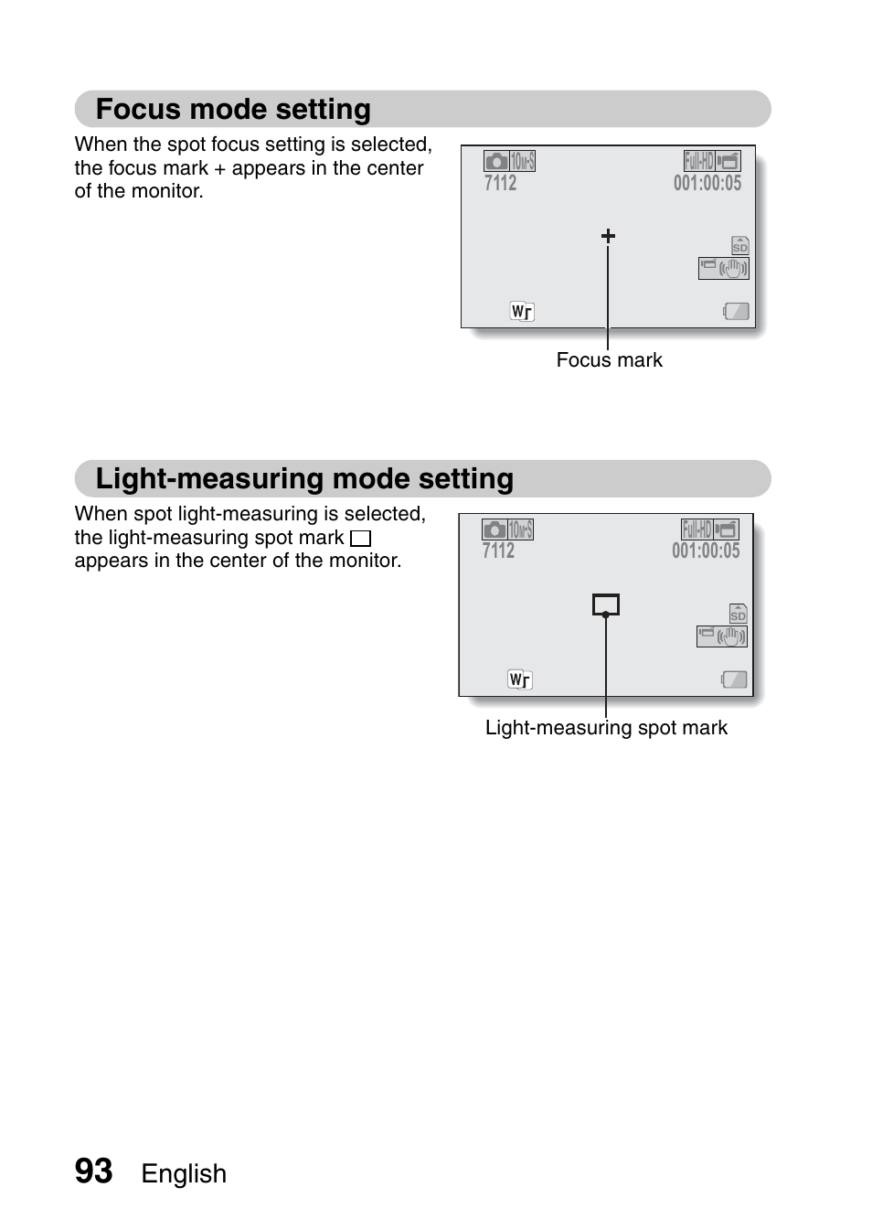 Focus mode setting, Light-measuring mode setting, English | Sanyo XACTI VPC-GH3GX User Manual | Page 102 / 204