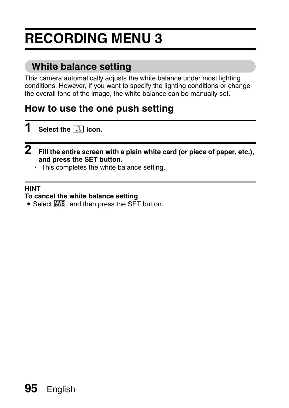 Recording menu 3, White balance setting | Sanyo XACTI VPC-GH3GX User Manual | Page 104 / 204