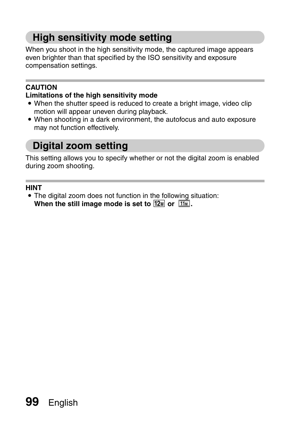 High sensitivity mode setting, Digital zoom setting, English | Sanyo XACTI VPC-GH3GX User Manual | Page 108 / 204