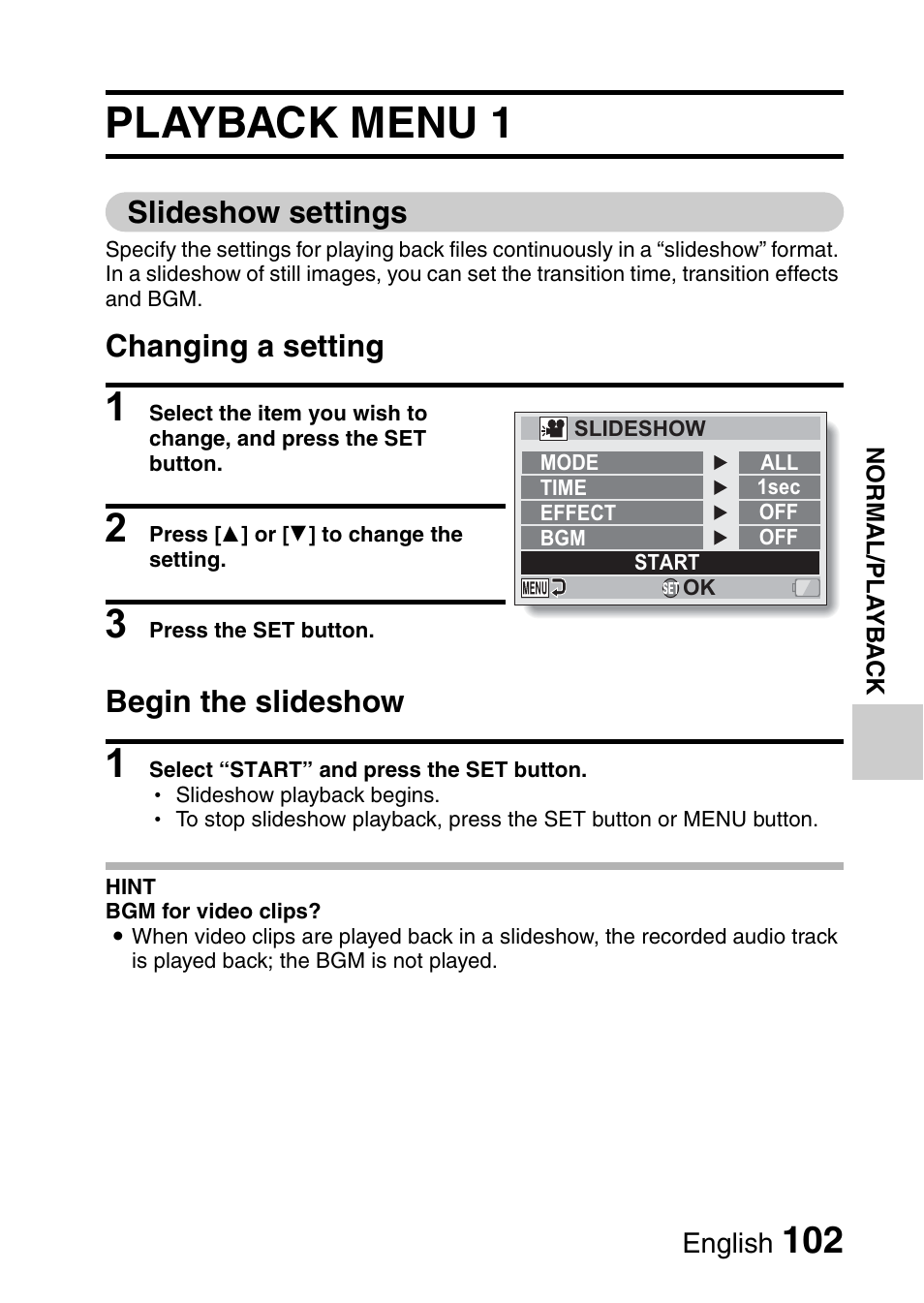 Playback, Playback menu 1, Slideshow settings | Changing a setting, Begin the slideshow | Sanyo XACTI VPC-GH3GX User Manual | Page 111 / 204