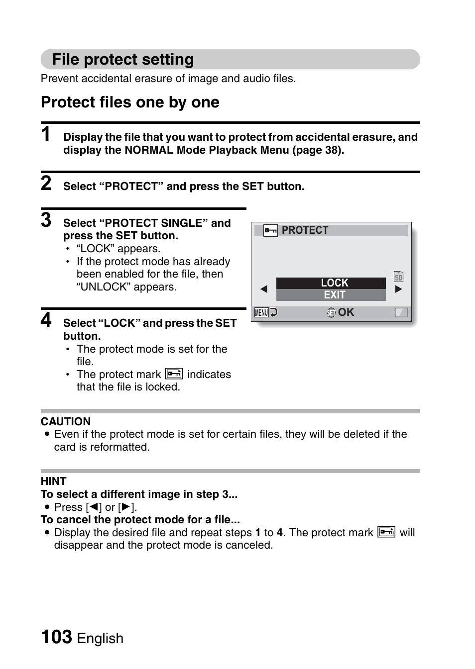 File protect setting, Protect files one by one | Sanyo XACTI VPC-GH3GX User Manual | Page 112 / 204