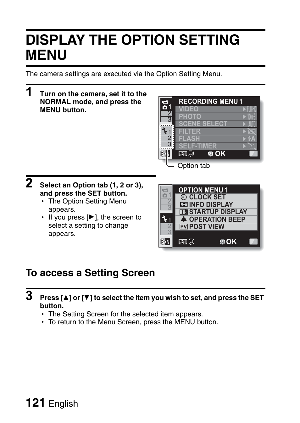 Option settings, Display the option setting menu, English | Sanyo XACTI VPC-GH3GX User Manual | Page 130 / 204