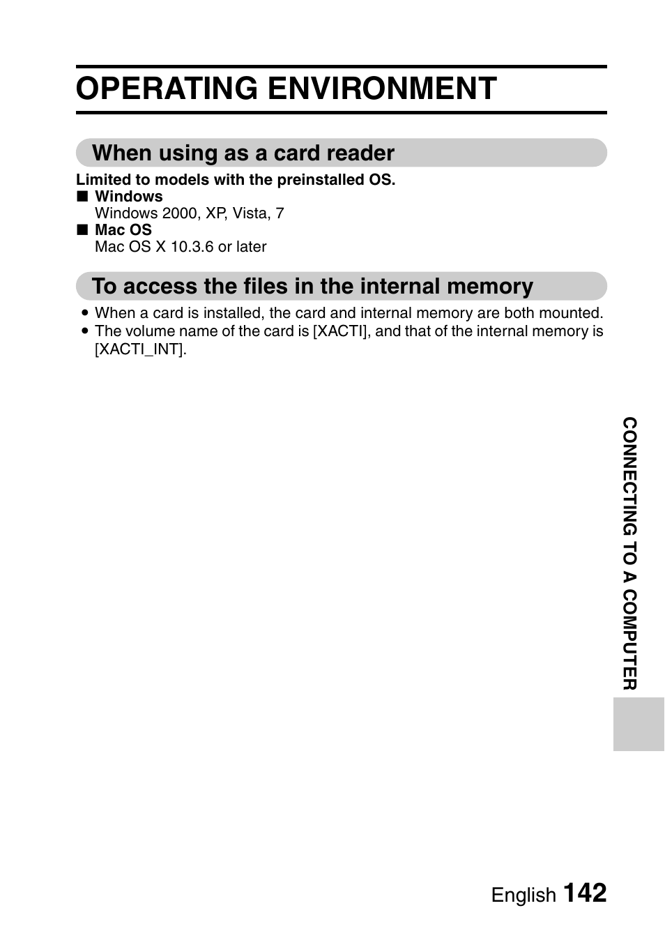 Other devices and connections, Connecting to a computer, Operating environment | When using as a card reader, To access the files in the internal memory | Sanyo XACTI VPC-GH3GX User Manual | Page 151 / 204