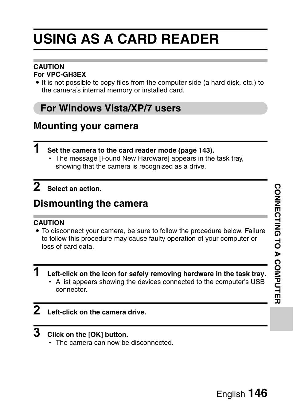 Using as a card reader, For windows vista/xp/7 users, For windows vista/xp/7 users mounting your camera | Dismounting the camera | Sanyo XACTI VPC-GH3GX User Manual | Page 155 / 204