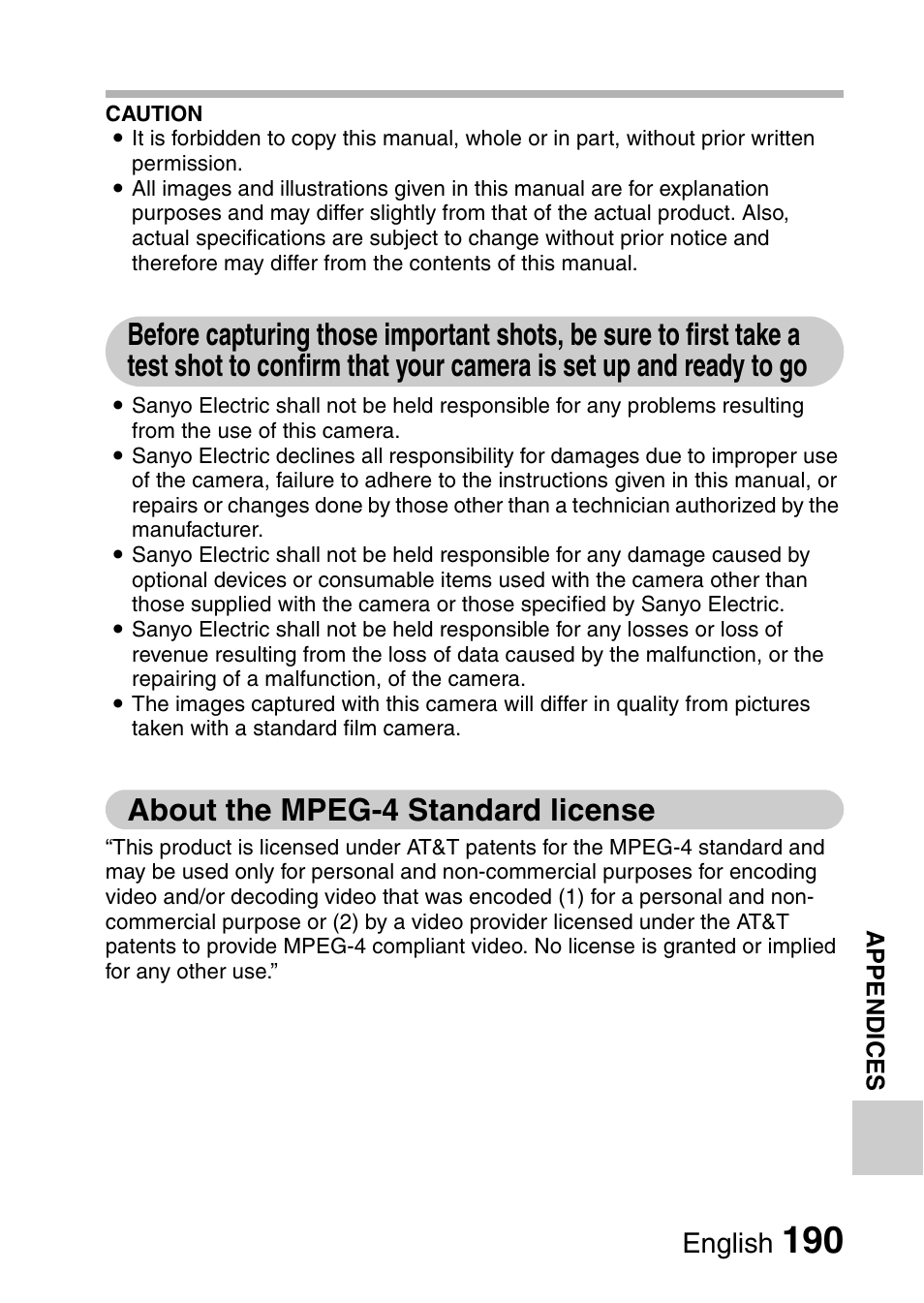 About the mpeg-4 standard license, English | Sanyo XACTI VPC-GH3GX User Manual | Page 199 / 204