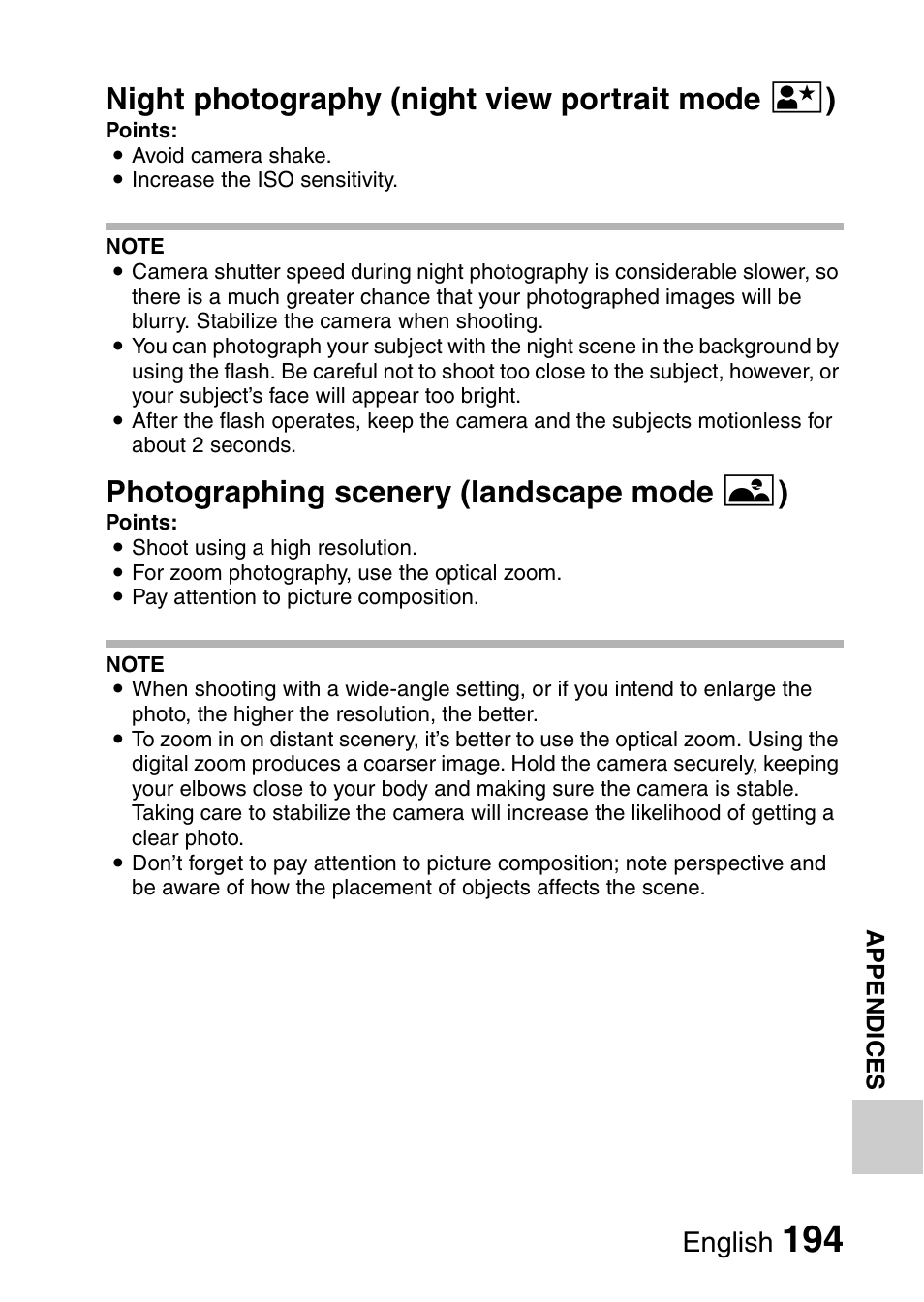 Night photography (night view portrait mode / ), Photographing scenery (landscape mode + ), English | Sanyo XACTI VPC-GH3GX User Manual | Page 203 / 204