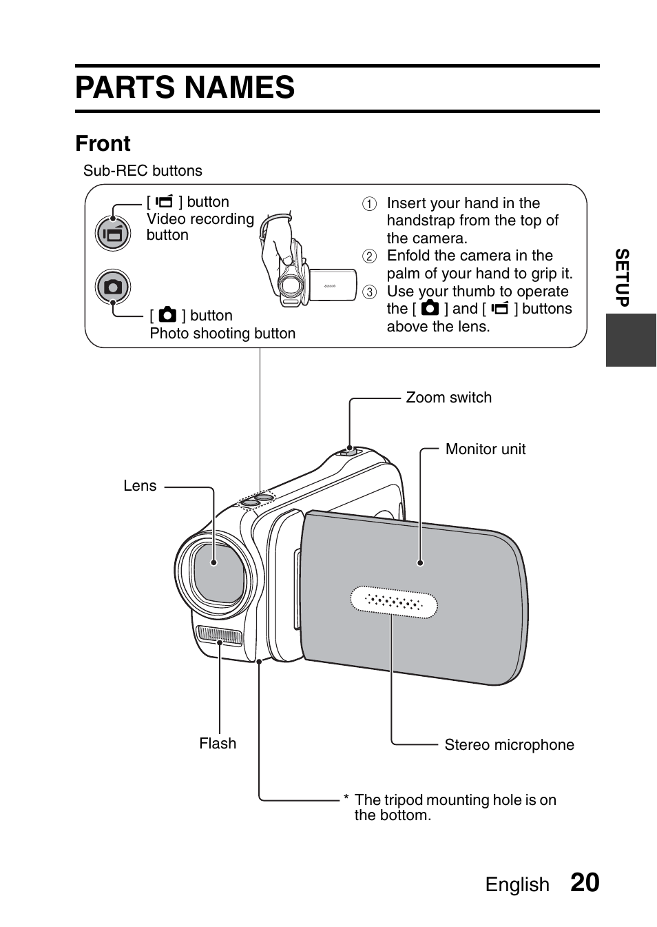 Setup, Parts names, Front | English | Sanyo XACTI VPC-GH3GX User Manual | Page 29 / 204