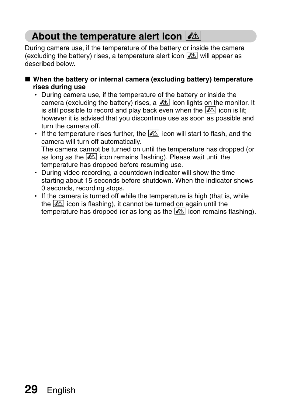 About the temperature alert icon, English | Sanyo XACTI VPC-GH3GX User Manual | Page 38 / 204